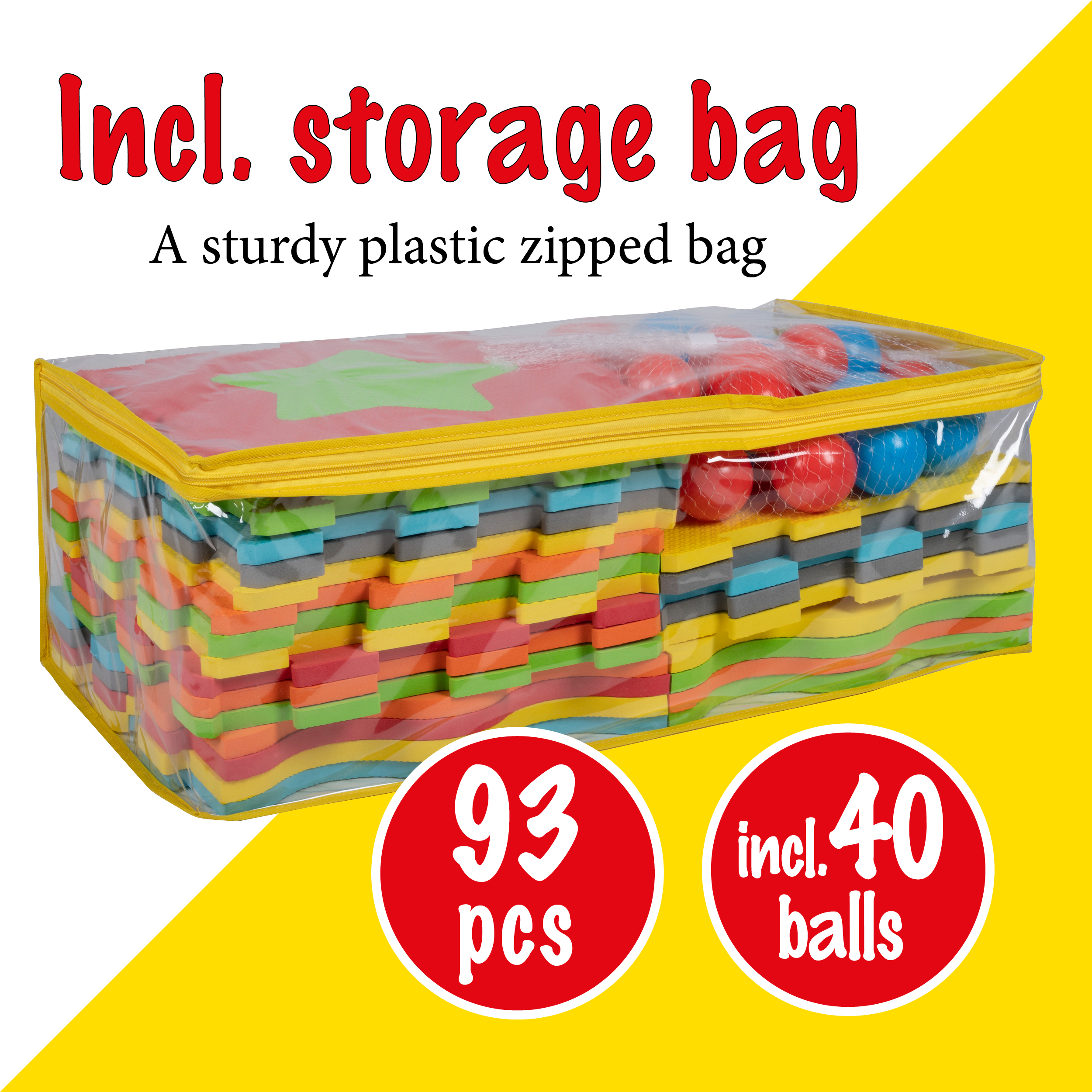 A clear plastic bag filled with colorful foam puzzle pieces and balls on a yellow surface.