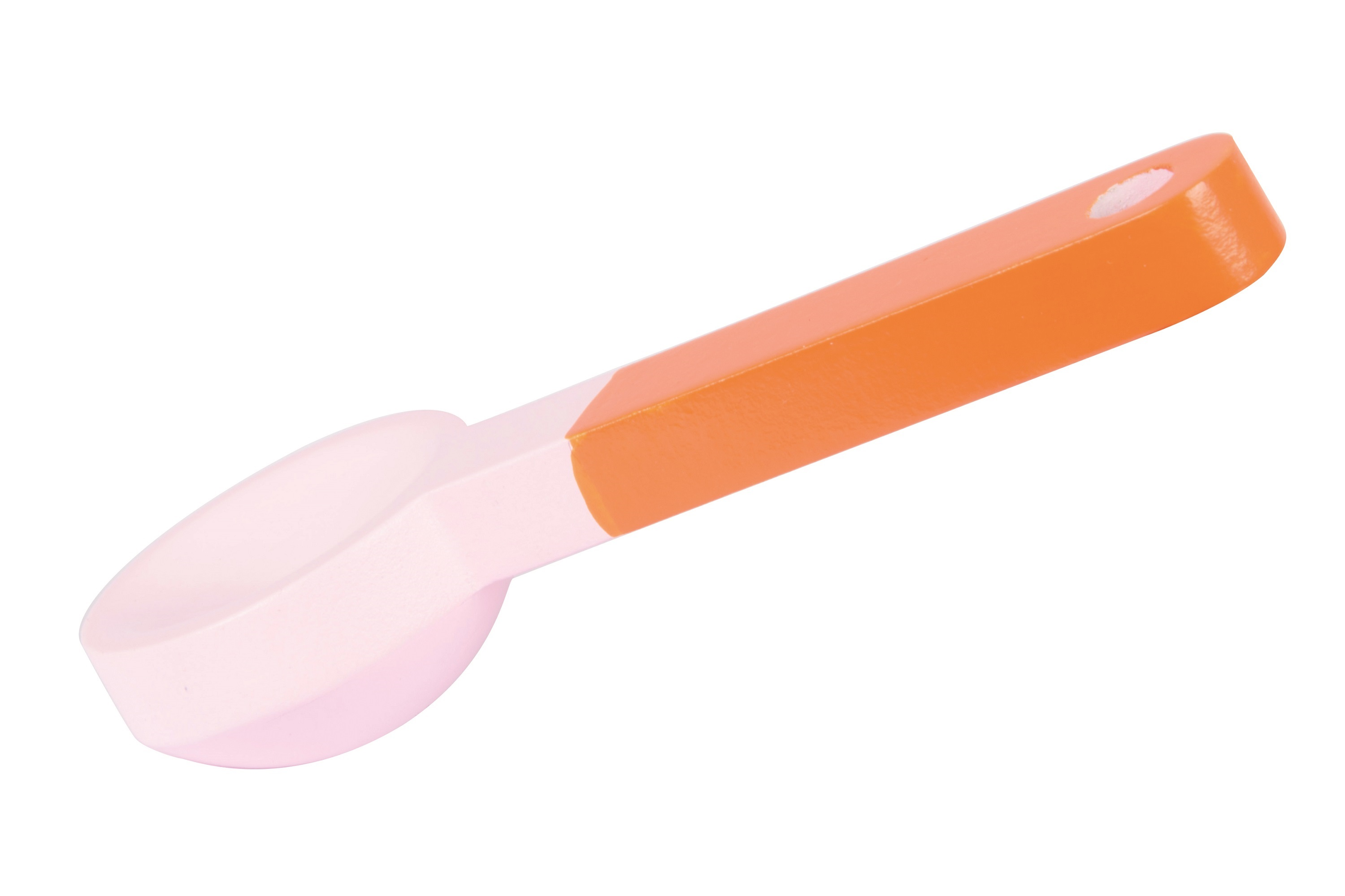Wooden spoon. Pink bowl and handle, orange handle end, white background.
