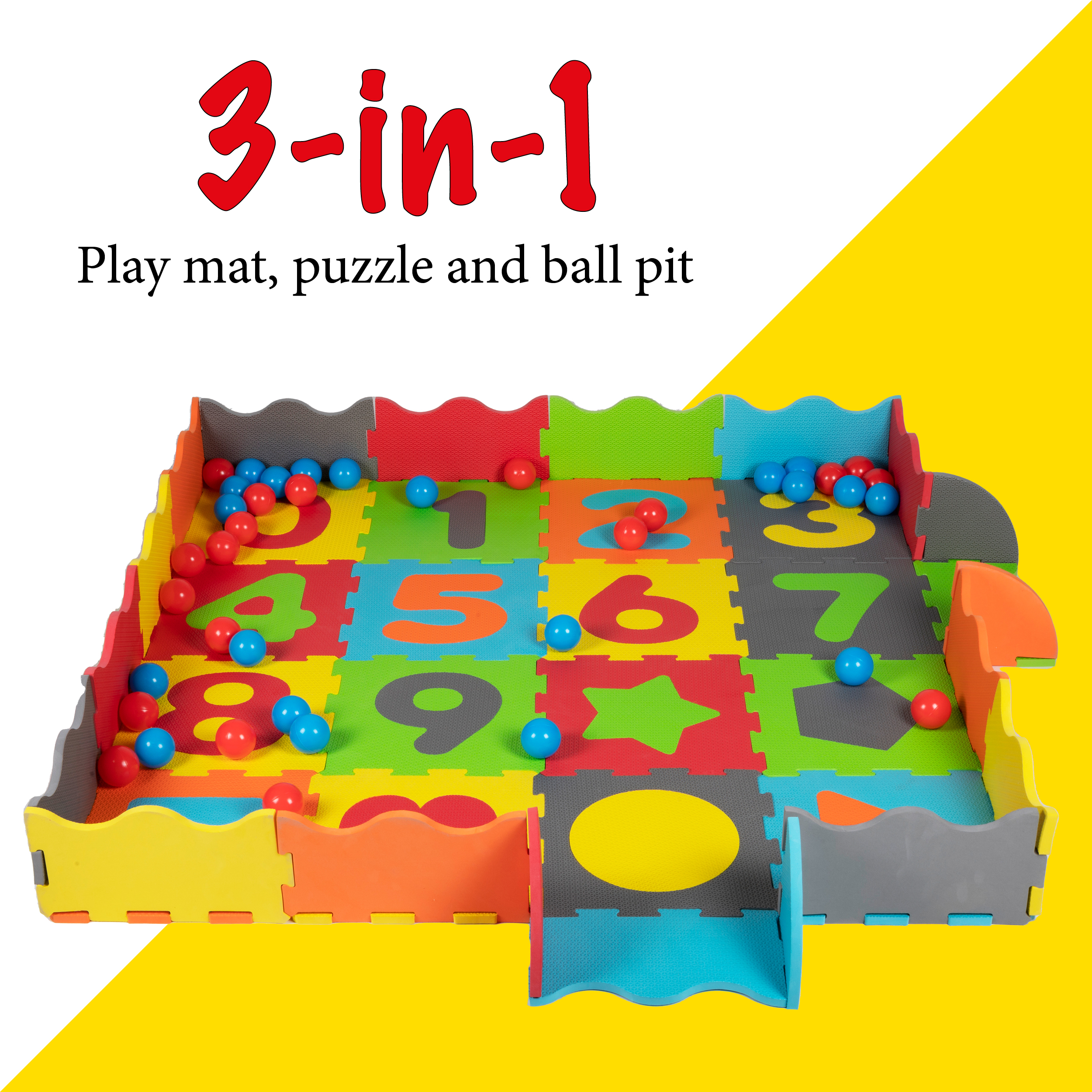 A play mat with colorful foam blocks is filled with balls. Text: 3-in-1 Play mat, puzzle and ball pit.