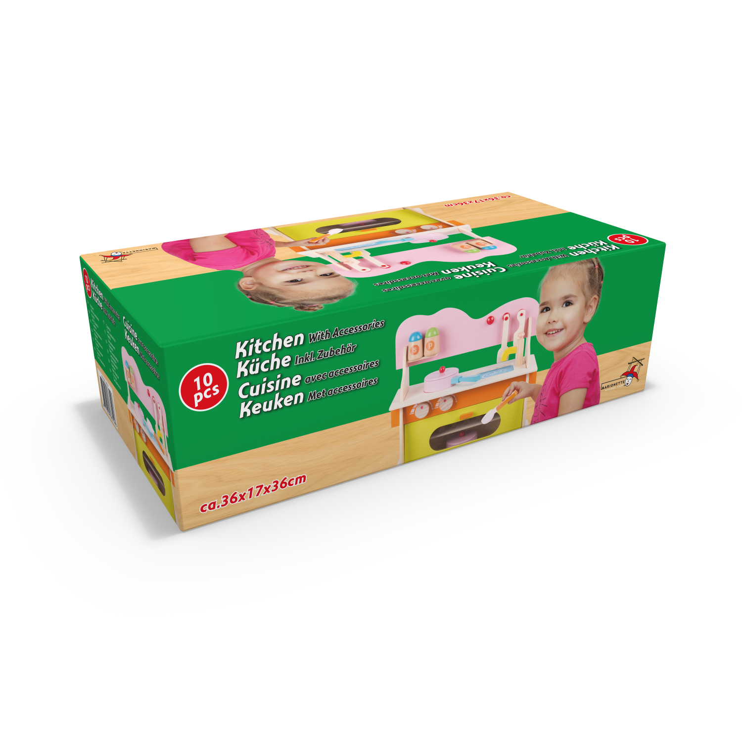 A toy kitchen box with a picture of a girl. The text 'Kitchen with accessories' is on the box.
