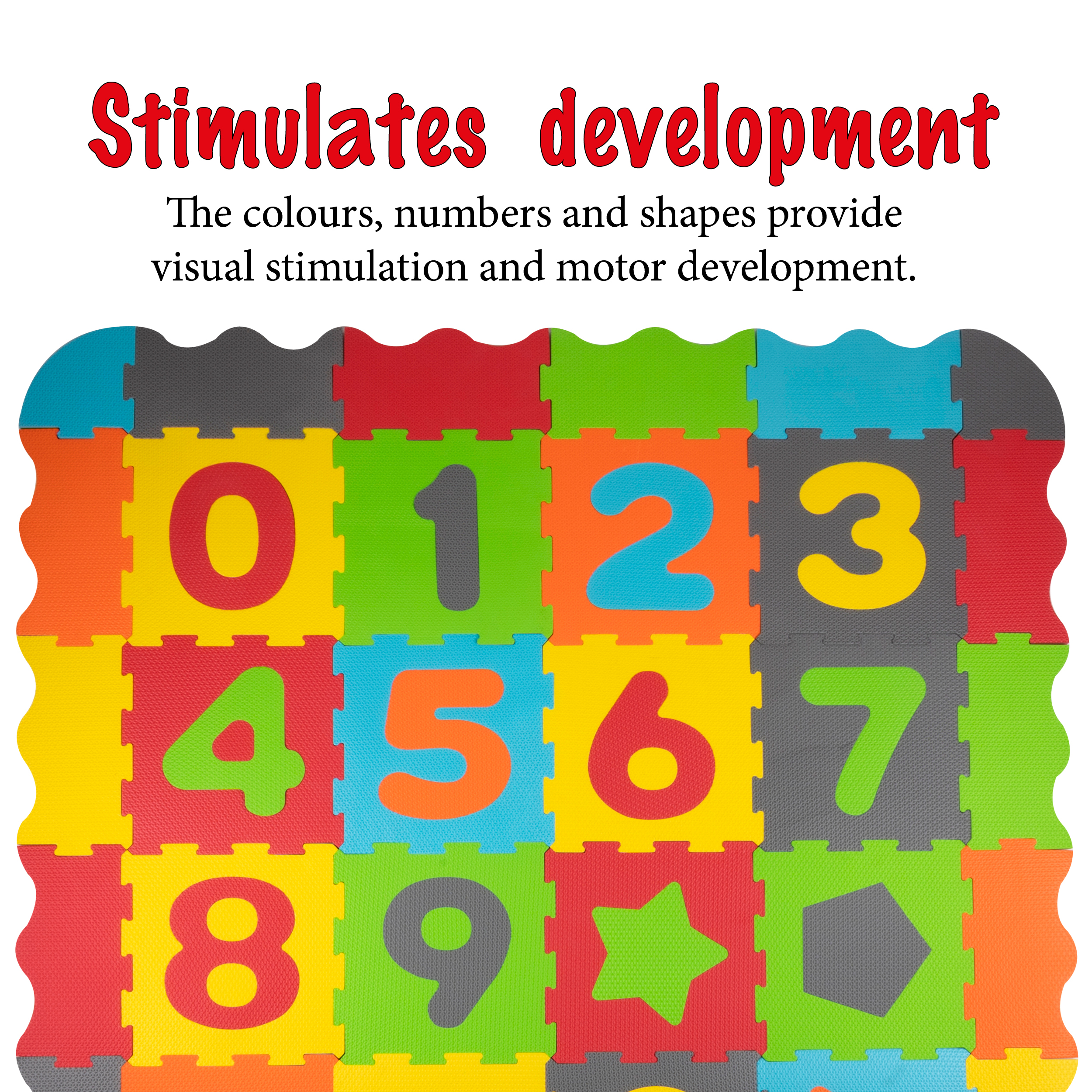 Colorful foam puzzle tiles with numbers and shapes, promoting development, on a white surface.