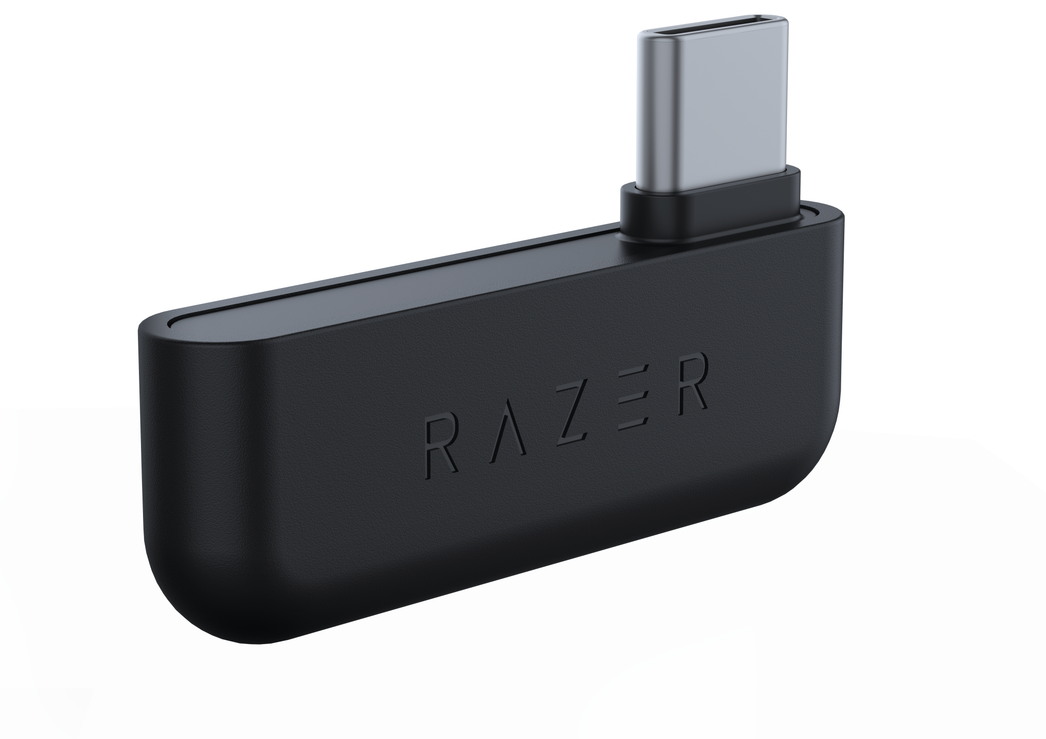 Adattatore USB-C Razer nero, design angolato. Connettore USB-C argento sopra.
