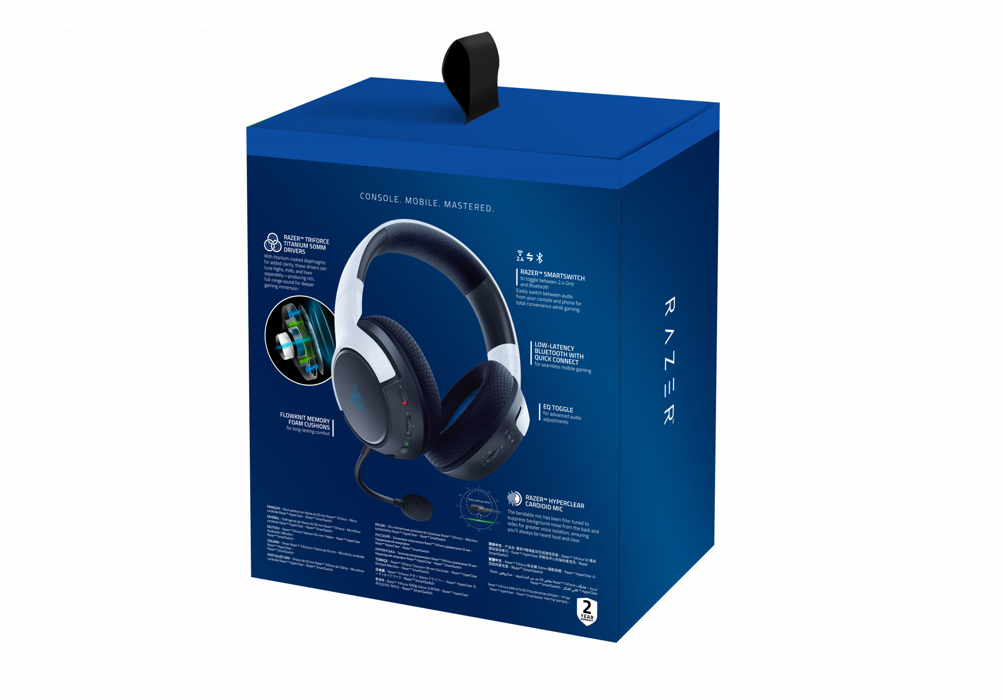 Scatola del prodotto per le cuffie Razer. La scatola è blu con testo e immagini. Cuffie all'interno.