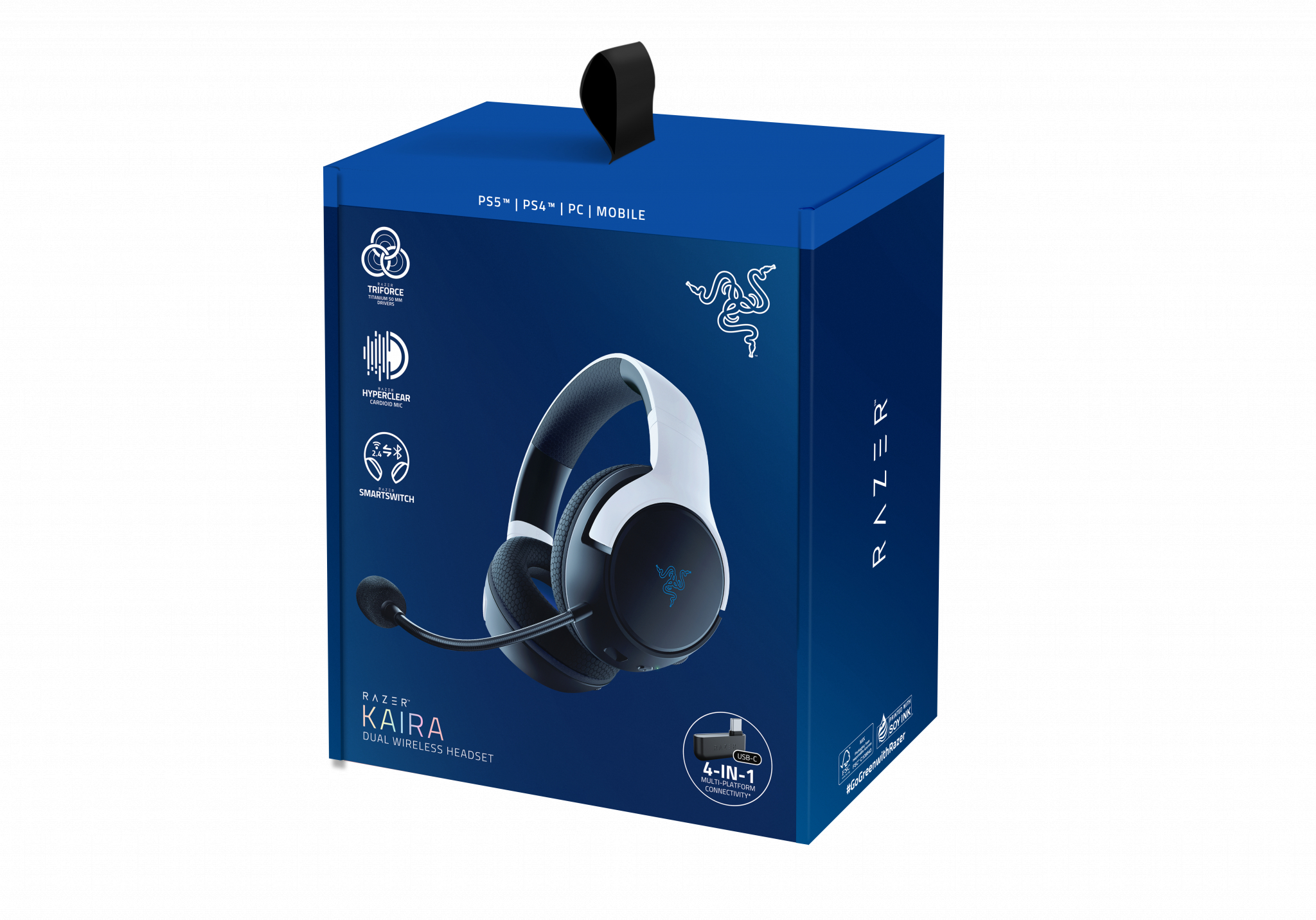 Scatola con cuffie Razer Kaira, blu e nere, per PS5, PS4, PC e mobile.
