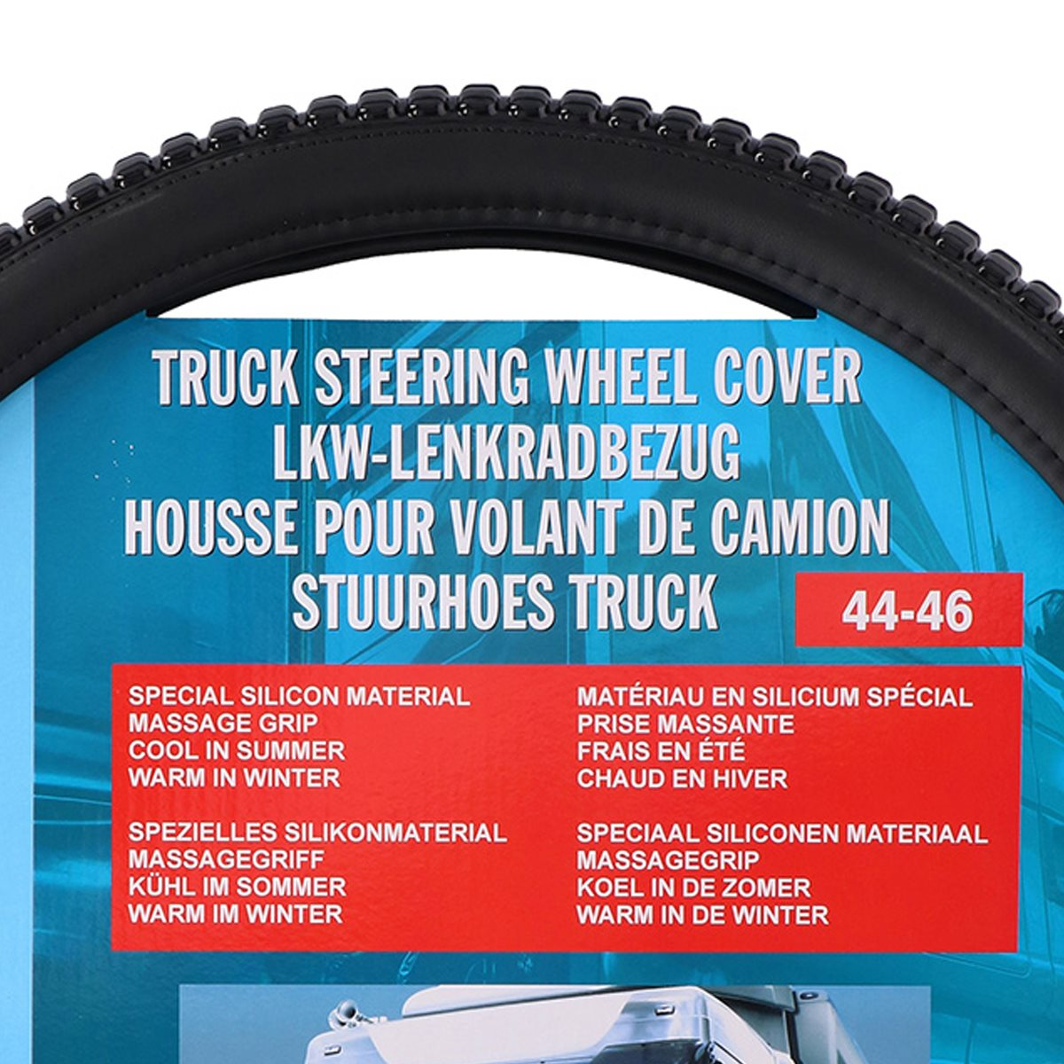 Stuurhoes voor vrachtwagen met tekst en details over speciaal siliconen materiaal. Rode achtergrond.