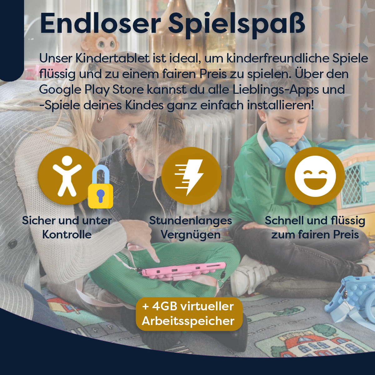 Kinder mit Symbolen für sichere Kontrolle, Spaß und Geschwindigkeit, mit Text über ein Kindertablett.
