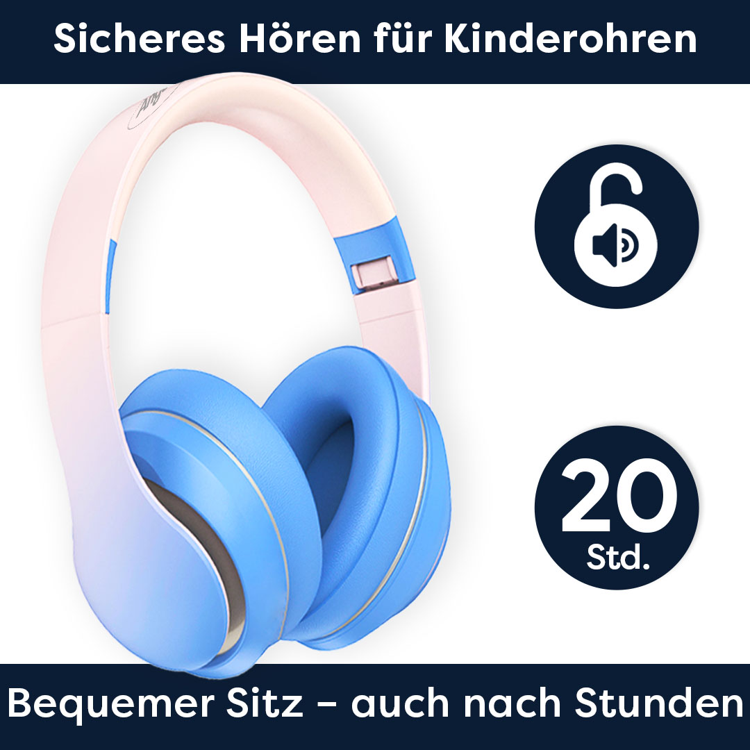 Rosa und blaue Kopfhörer mit dem Text "Sicheres Hören für Kinderohren".