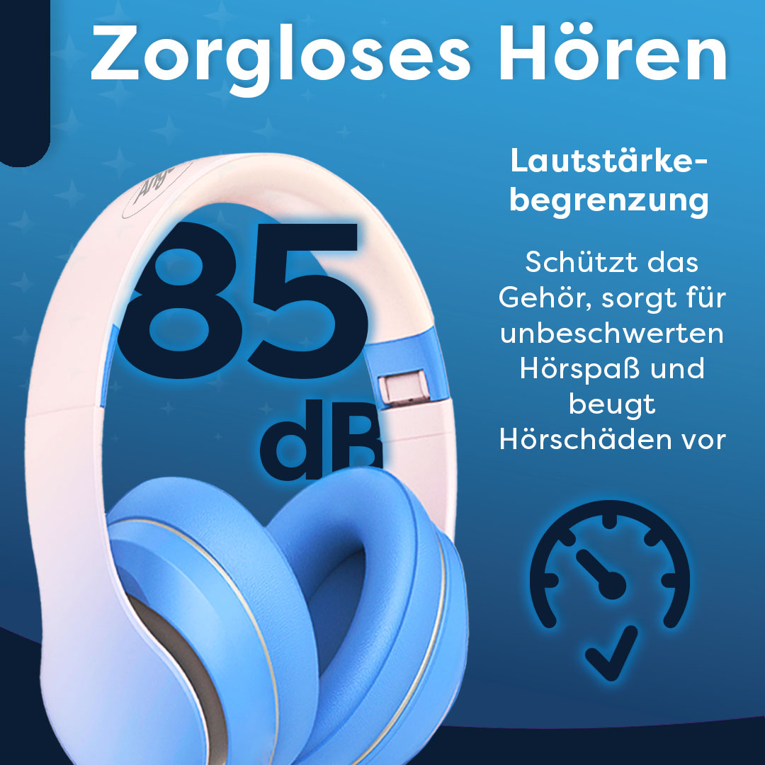 Blau-weiße Kopfhörer mit Text über Gehörschutz und Lautstärkebegrenzung.