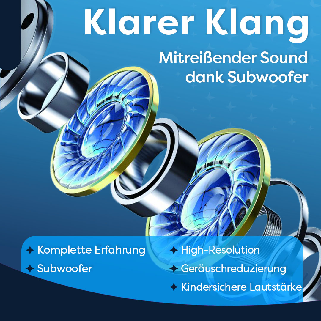 Kopfhörer mit detaillierten Innenkomponenten, blaue und goldene Akzente. Text: 'Klarer Klang, Mitreißender Sound dank Subwoofer'.