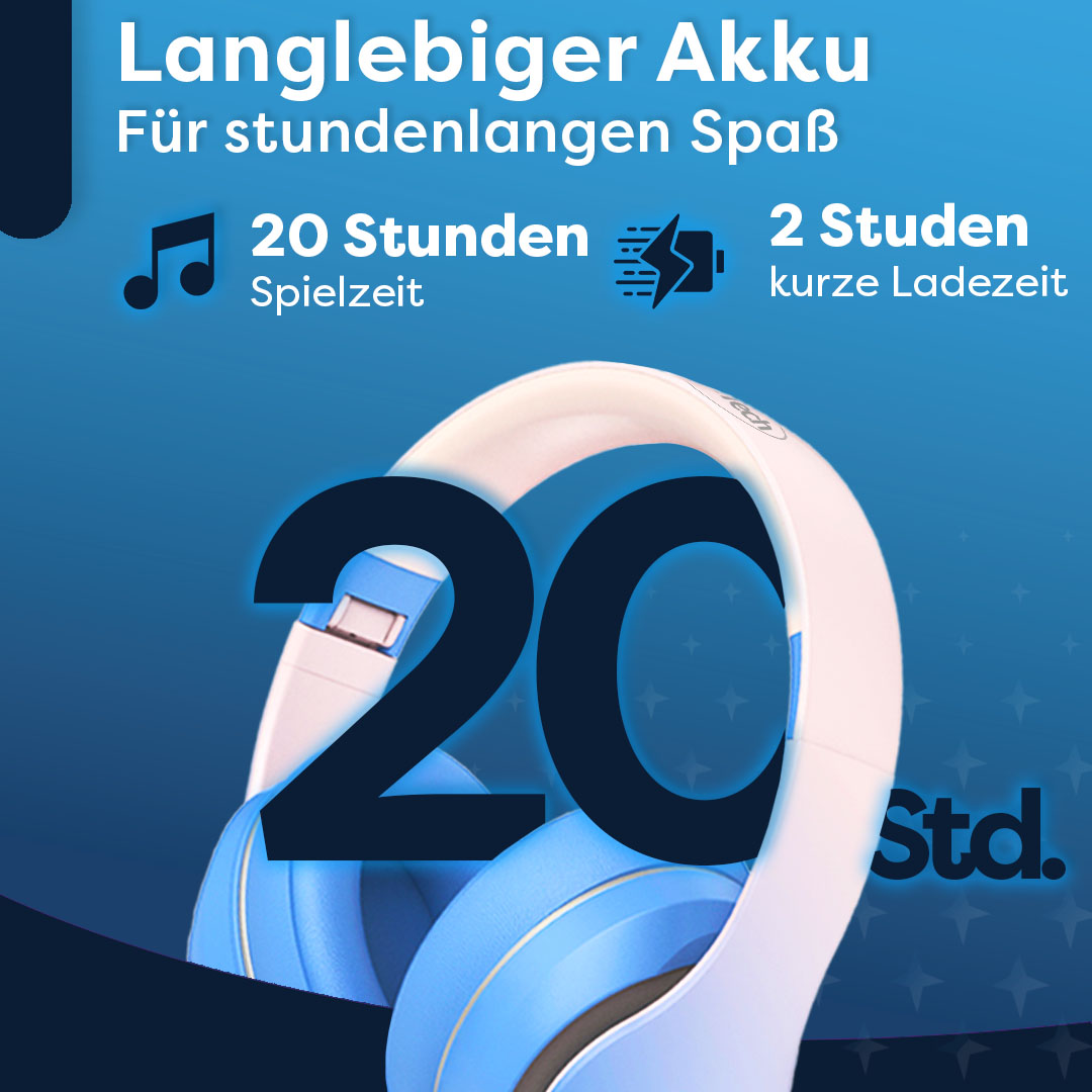 Kopfhörer mit der Zahl 20 und dem Text '20 Stunden Spielzeit'. Weiße und blaue Farben.