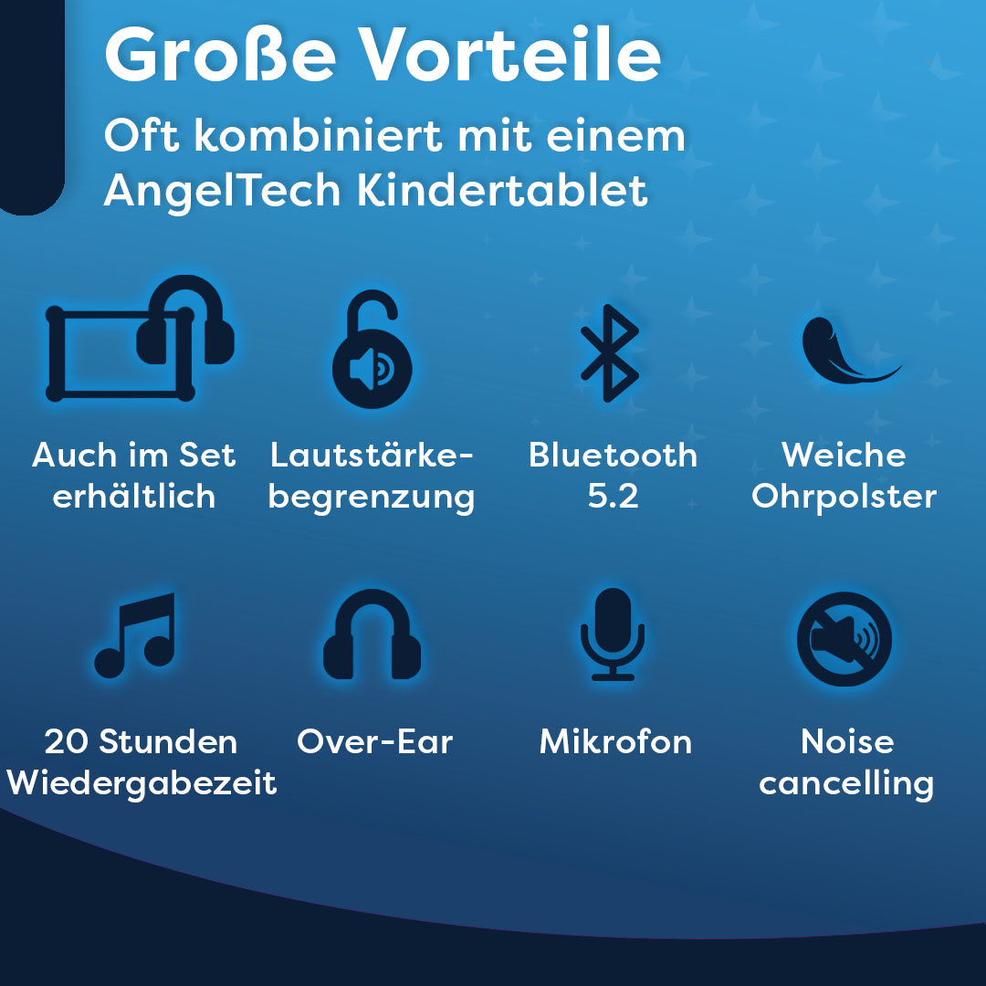 Infografik mit Symbolen für Kopfhörer, Lautstärkebegrenzung, Bluetooth und weitere Funktionen.