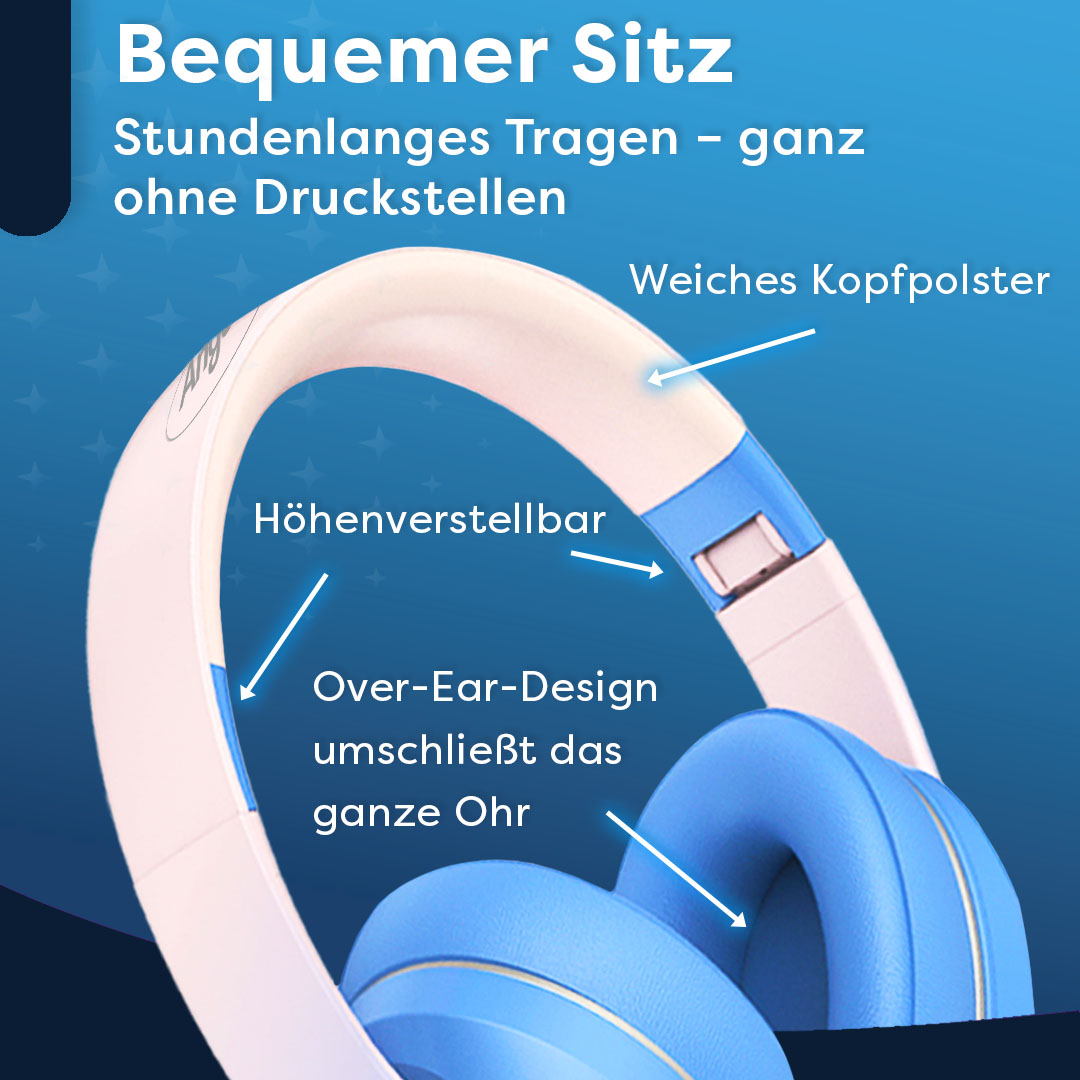 Blau-weiße Kopfhörer mit verstellbarer Höhe, Over-Ear-Design und weicher Kopfstütze.