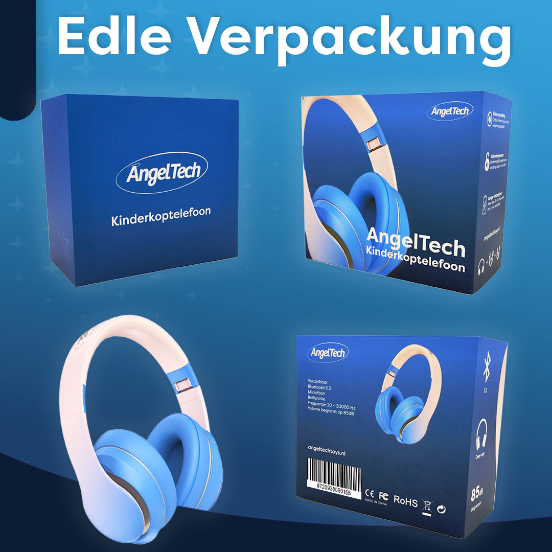 Blaue und weiße Kopfhörer und Schachteln. Die Schachteln tragen das AngelTech-Logo und den Produktnamen.