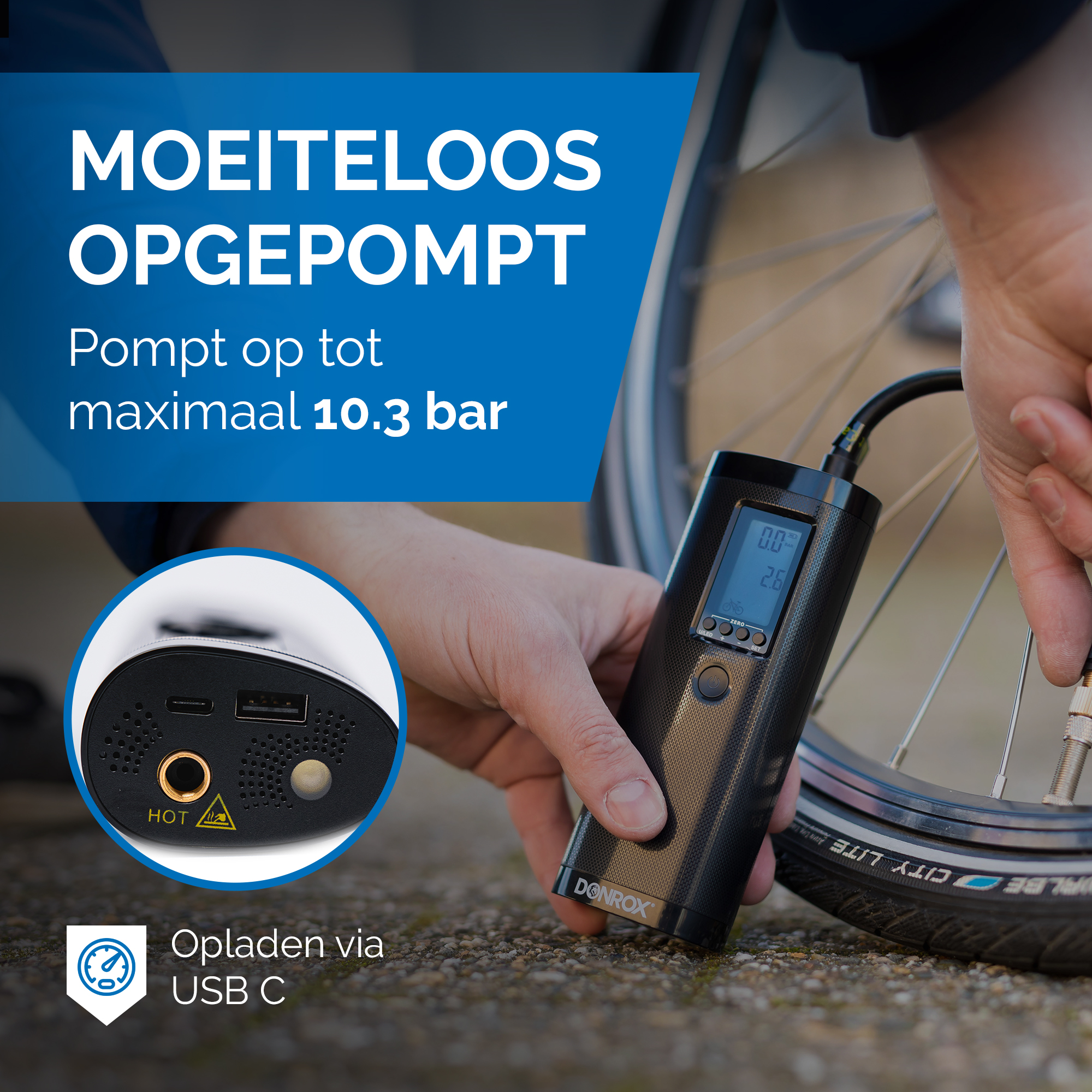 Een hand die een fietsband oppompt met een zwarte elektrische pomp, met bardrukweergave.