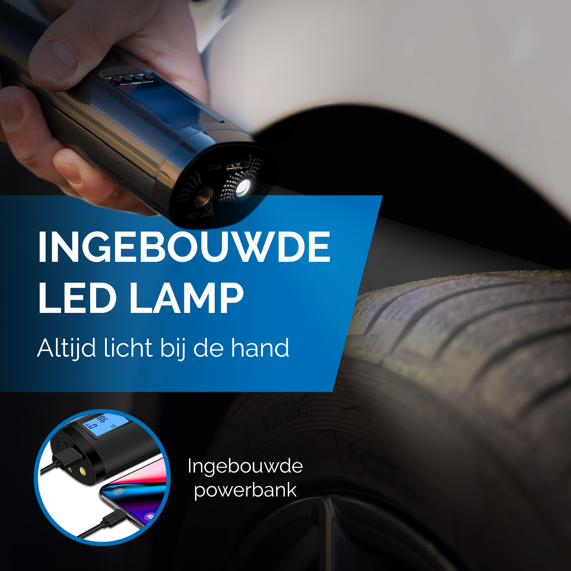 Een zwarte zaklamp met blauw licht en een telefoon die oplaadt met een powerbank, in de buurt van een band.