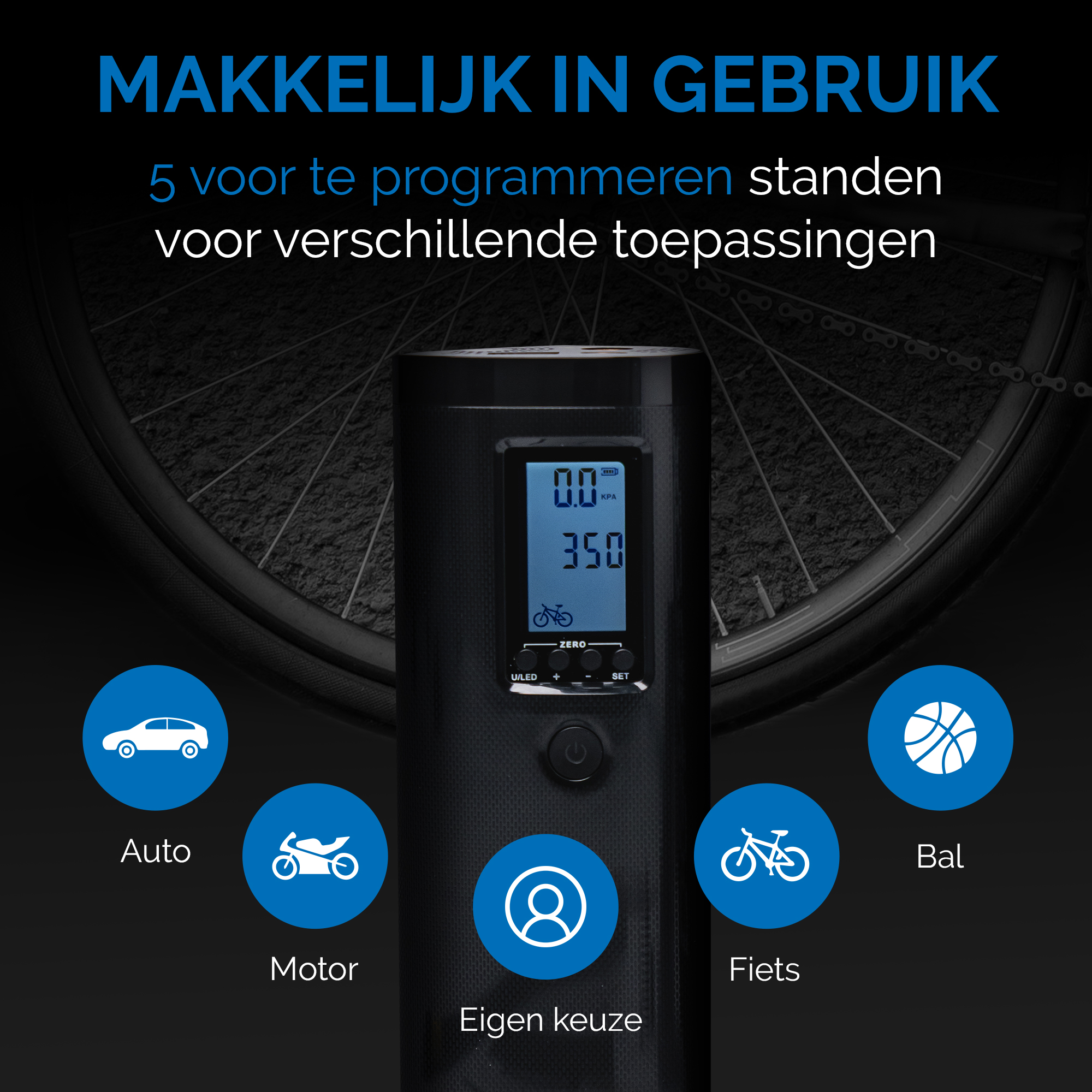 Luchtcompressor met digitaal display dat de druk weergeeft. Iconen voor auto, motor, persoon, fiets en bal worden getoond.
