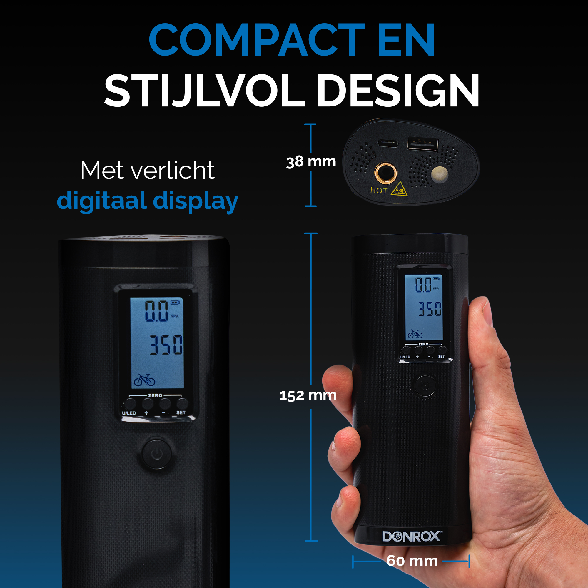 Black tire inflator with digital display showing pressure, and dimensions.