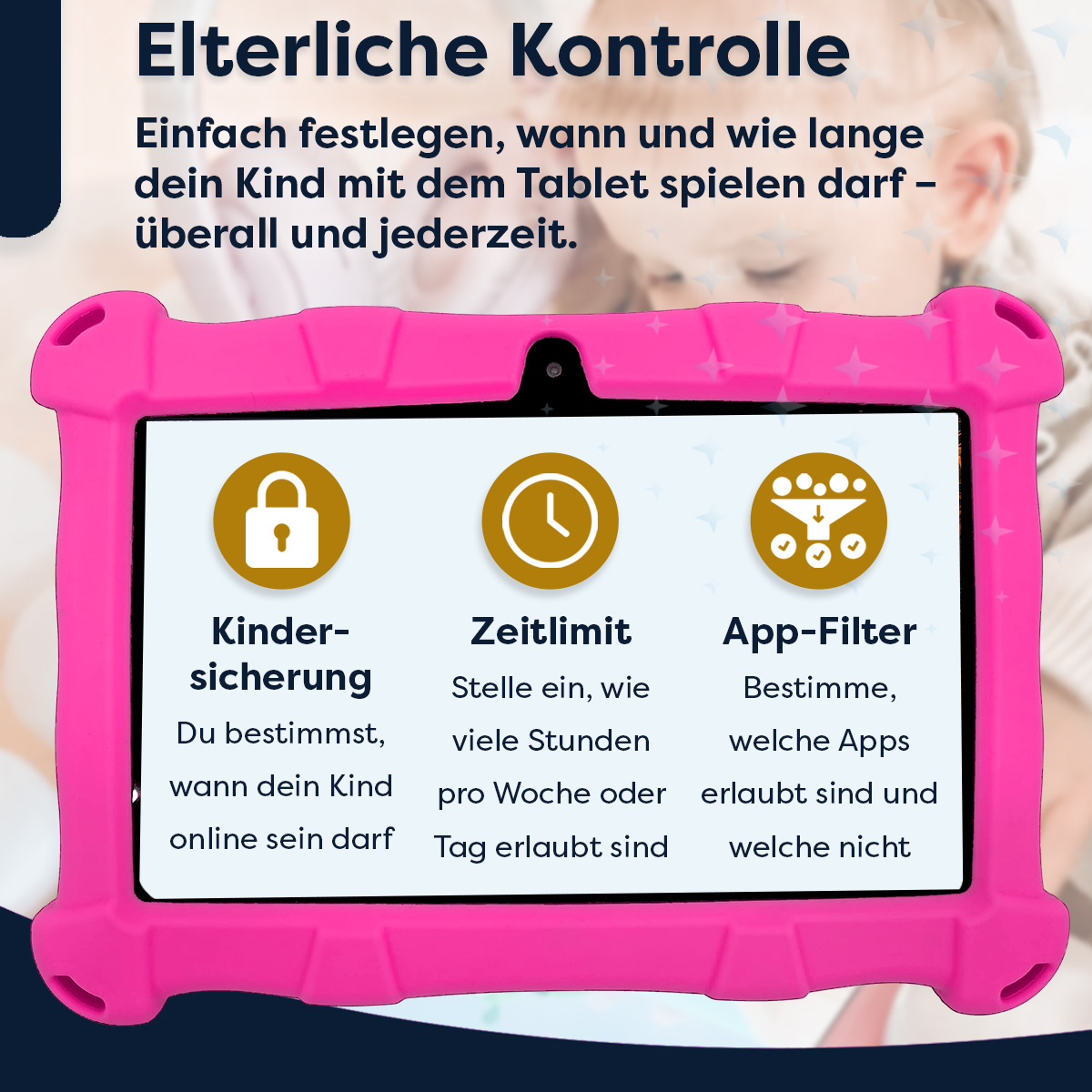 Rosa Tablet in rosa Hülle, mit Symbolen für Kindersicherung: Kindersicherung, Zeitlimit und App-Filter.