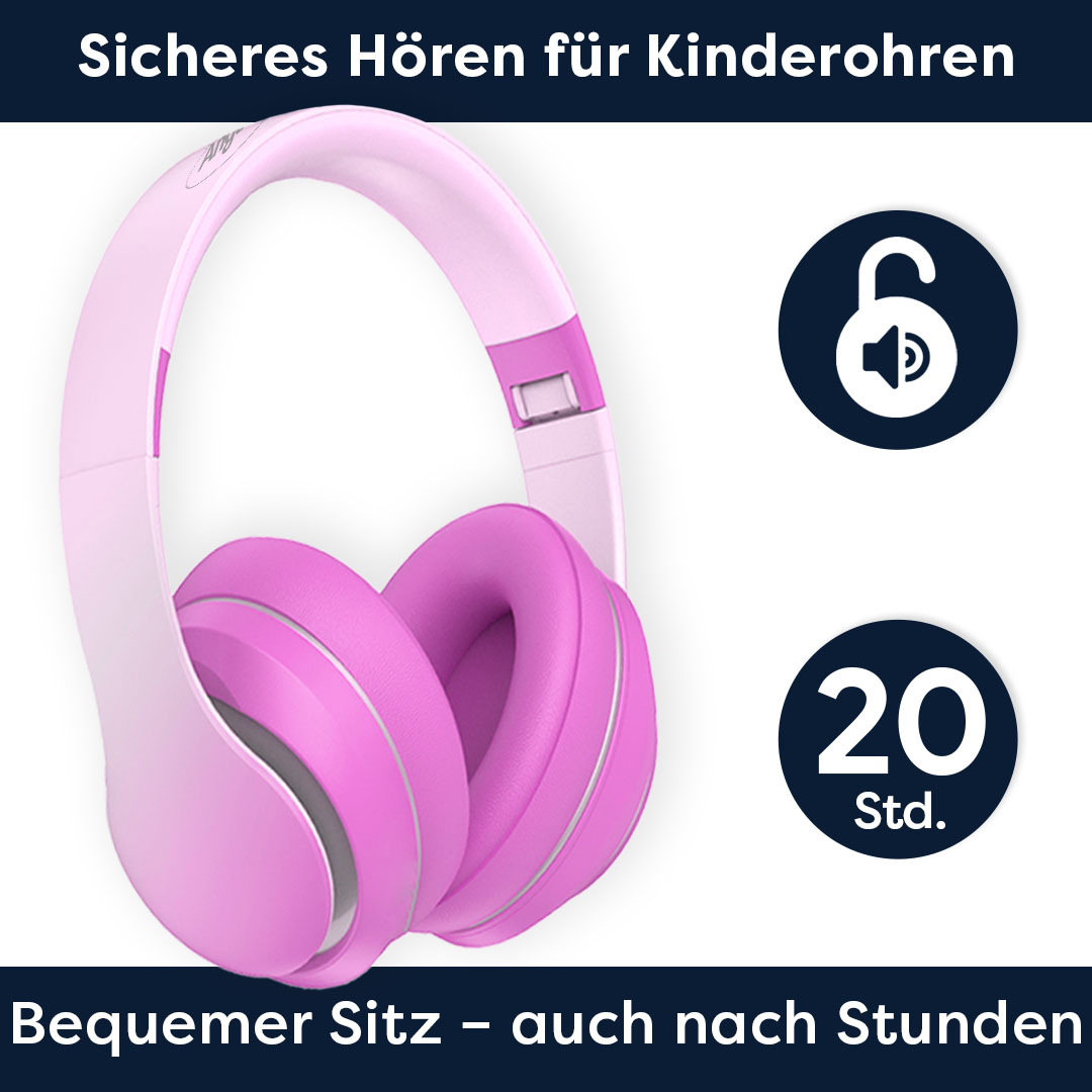 Rosa Kopfhörer mit weißem Bügel. Text sagt 'Sicheres Hören für Kinder' und '20 Std'.