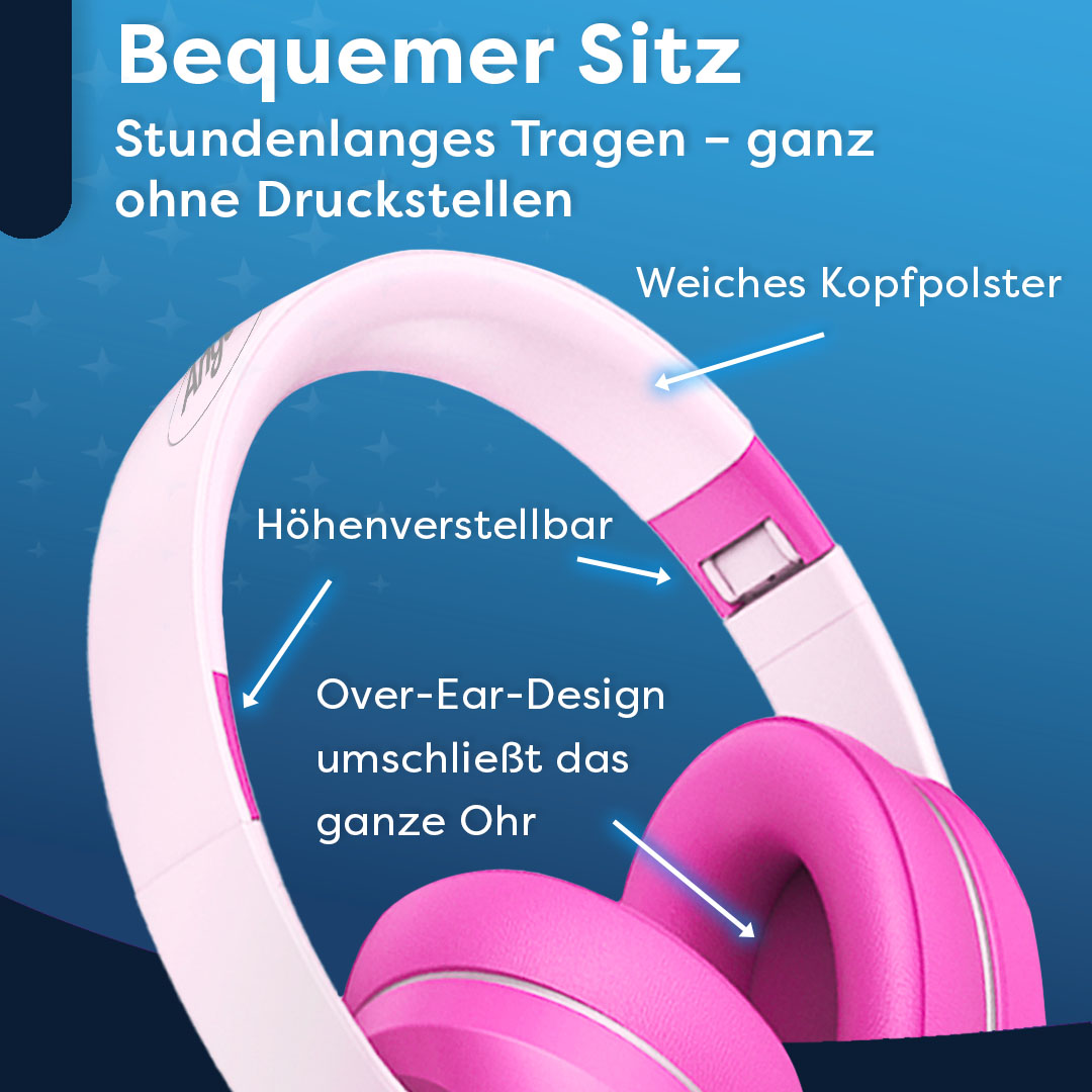 Pinke und weiße Kopfhörer. Die Kopfhörer haben einen gepolsterten Kopfbügel und Ohrmuscheln.