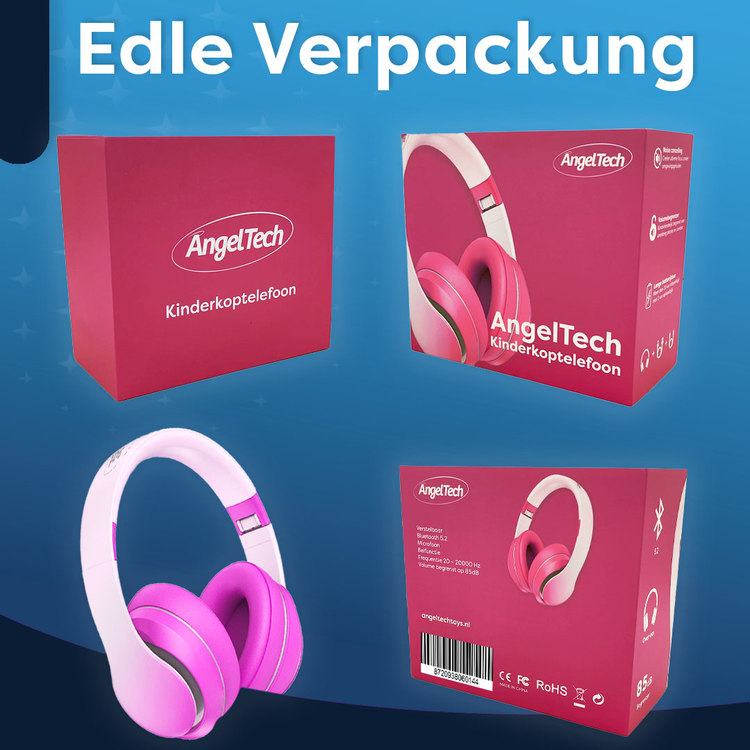 Pinke Kopfhörer in einer Box. Box und Kopfhörer zeigen die Marke AngelTech.