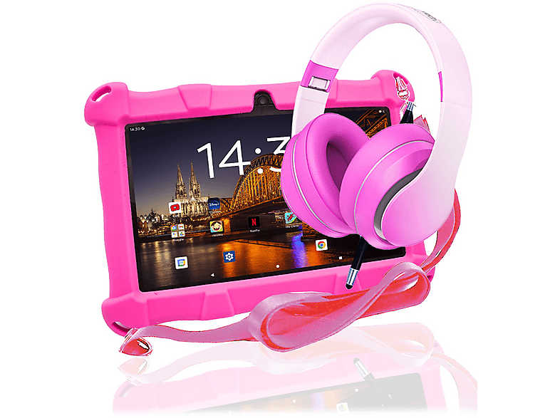 ANGELTECH SLIM, Kinder Tablet, 96 GB, 7 Zoll, Rosa mit Kopfhörer