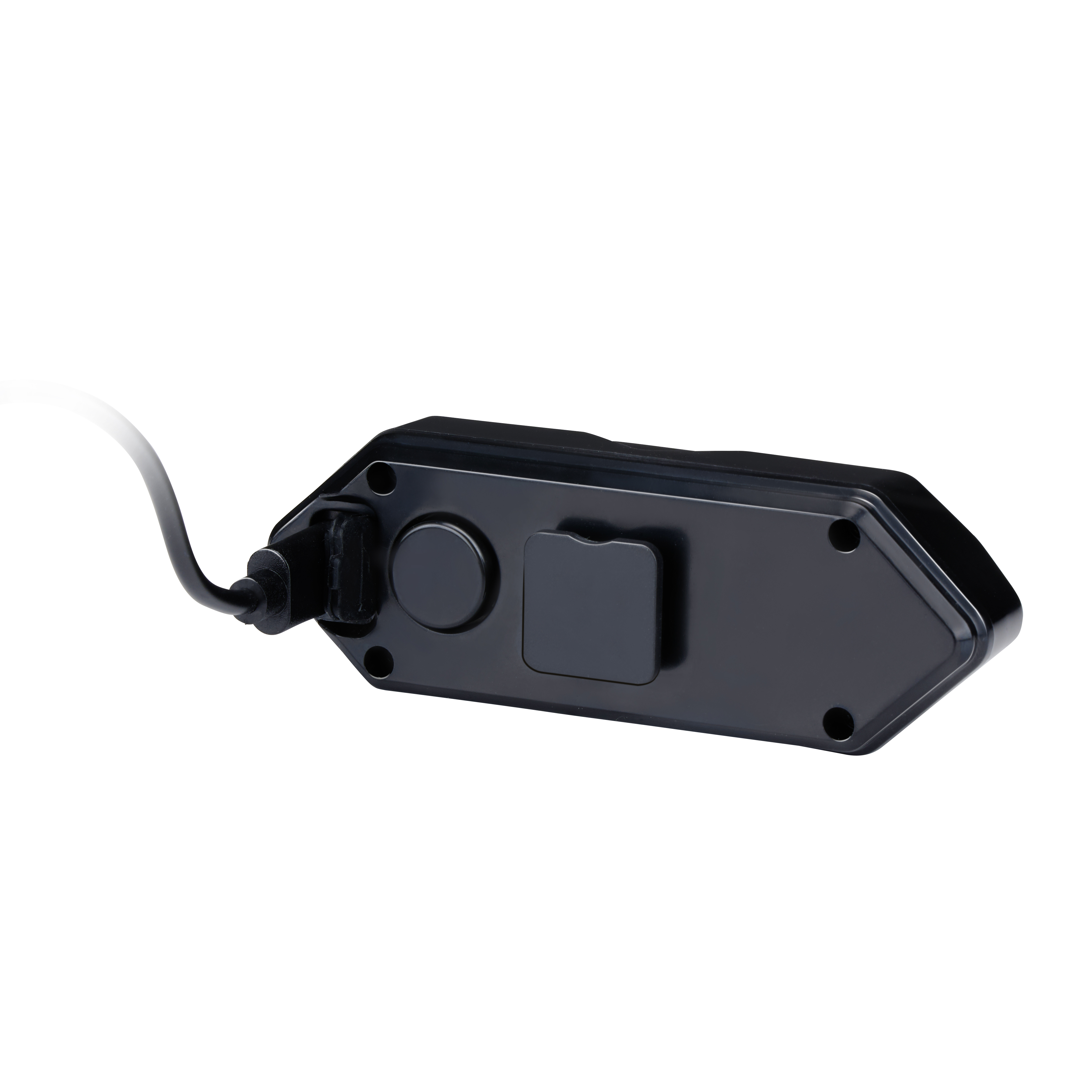 Een zwart elektronisch apparaat met een kabel, waarschijnlijk een afstandsbediening of besturingsmodule, ligt op een wit oppervlak.