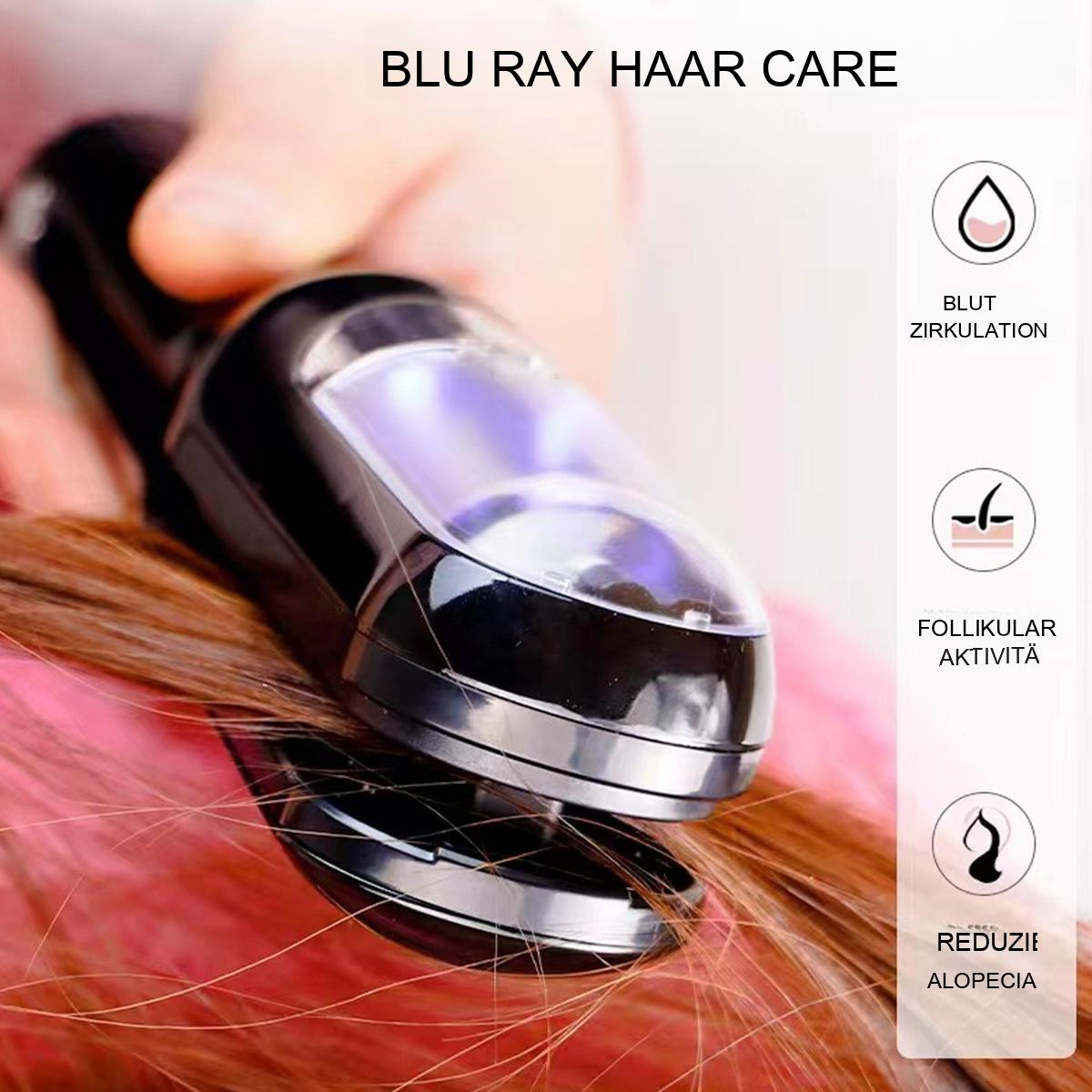 Haarbehandlungsgerät, das blaues Licht aussendet, mit Diagrammen.
