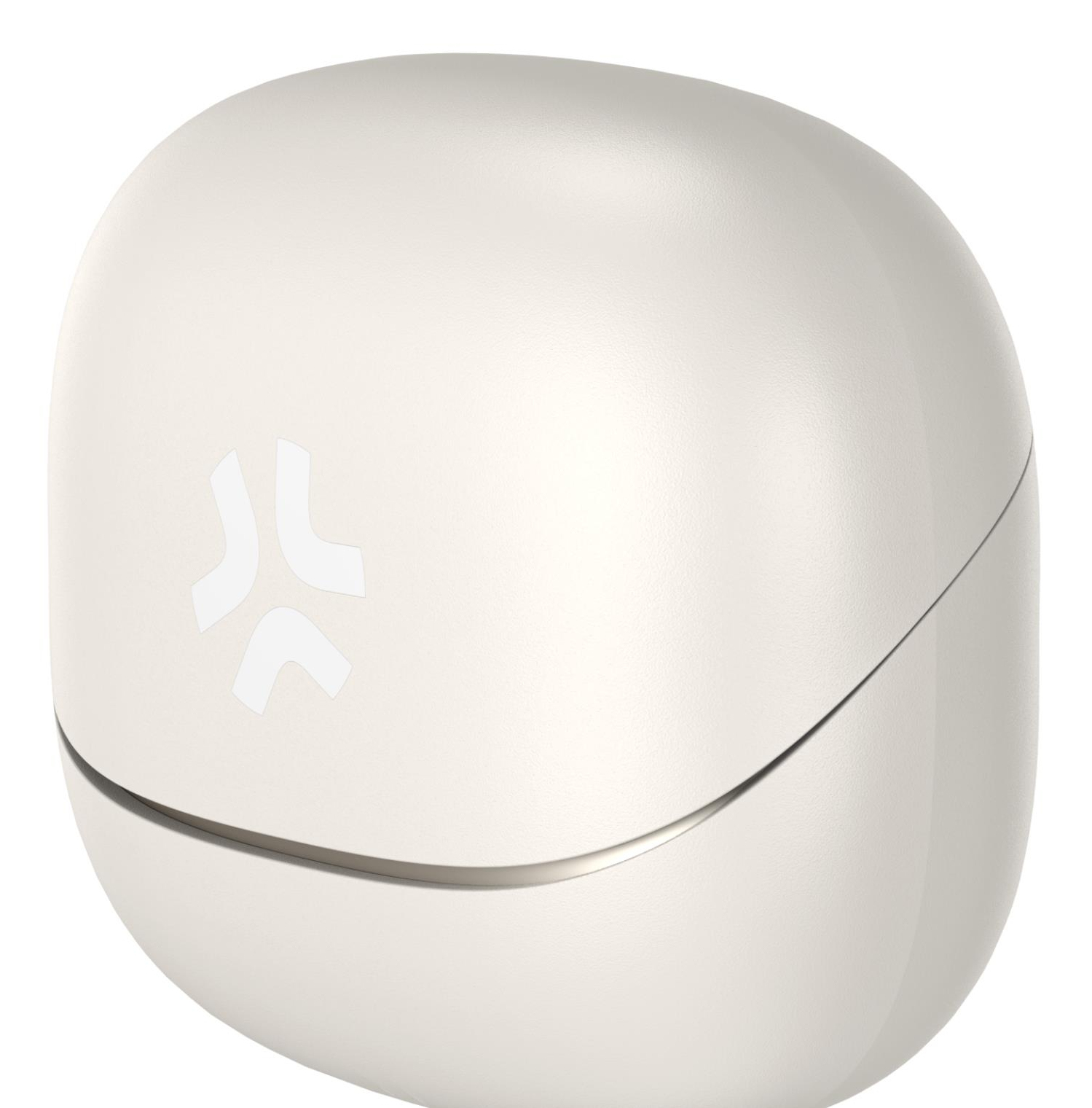 Dispositivo a forma ovale color crema con un logo bianco sulla superficie. Su sfondo bianco.