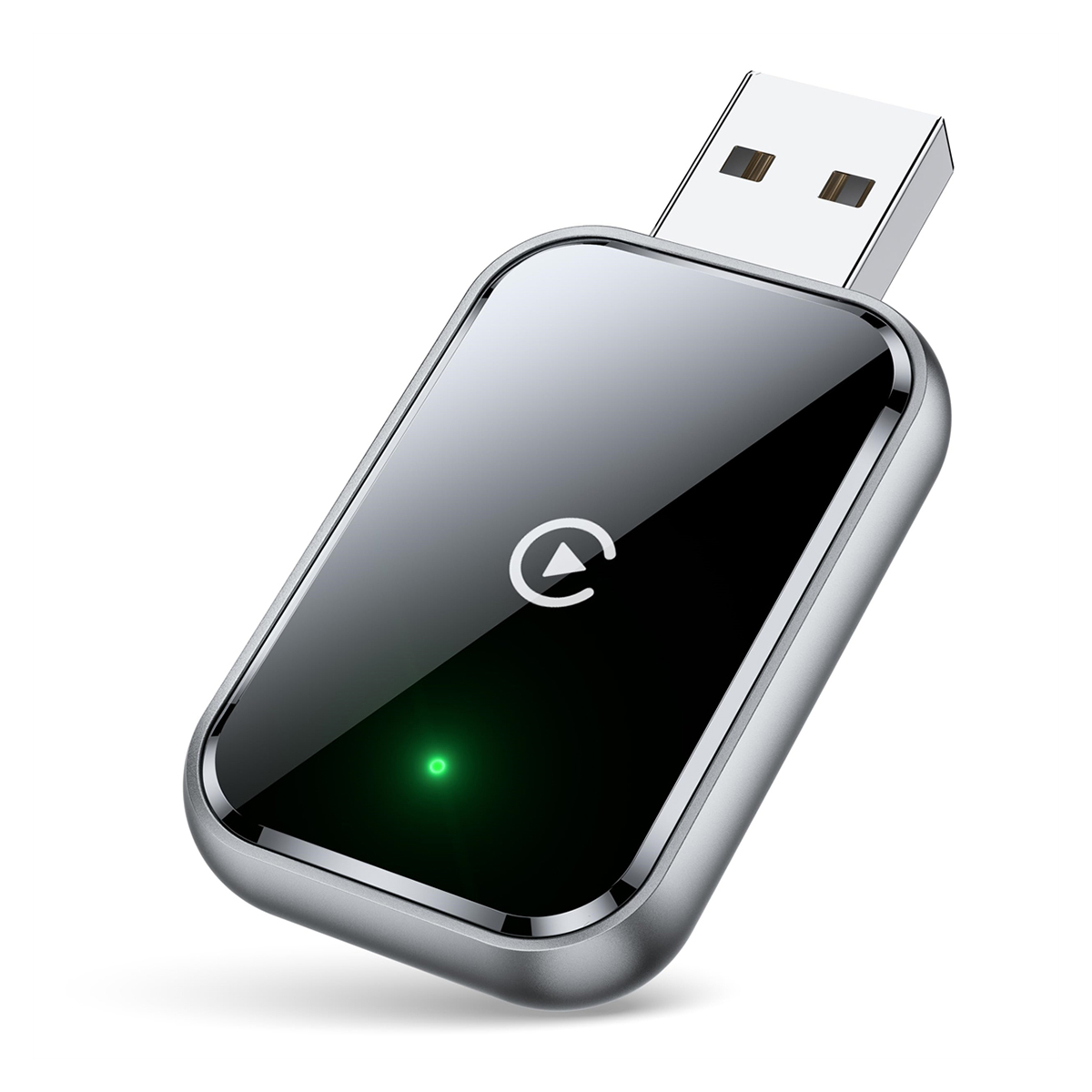 Ein schwarzer und silberner USB-Adapter mit grünem Licht und dem Wiedergabesymbol.