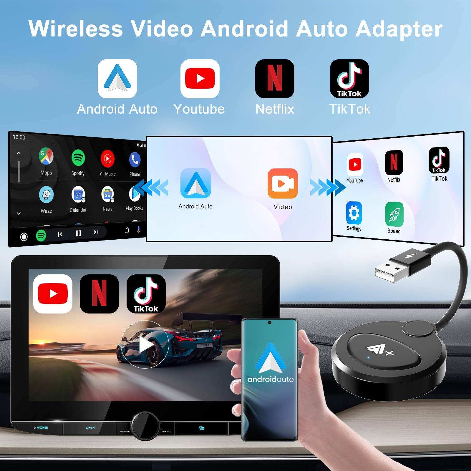 Kabelloser Video-Android-Auto-Adapter mit App-Symbolen: Android Auto, YouTube, Netflix und TikTok.
