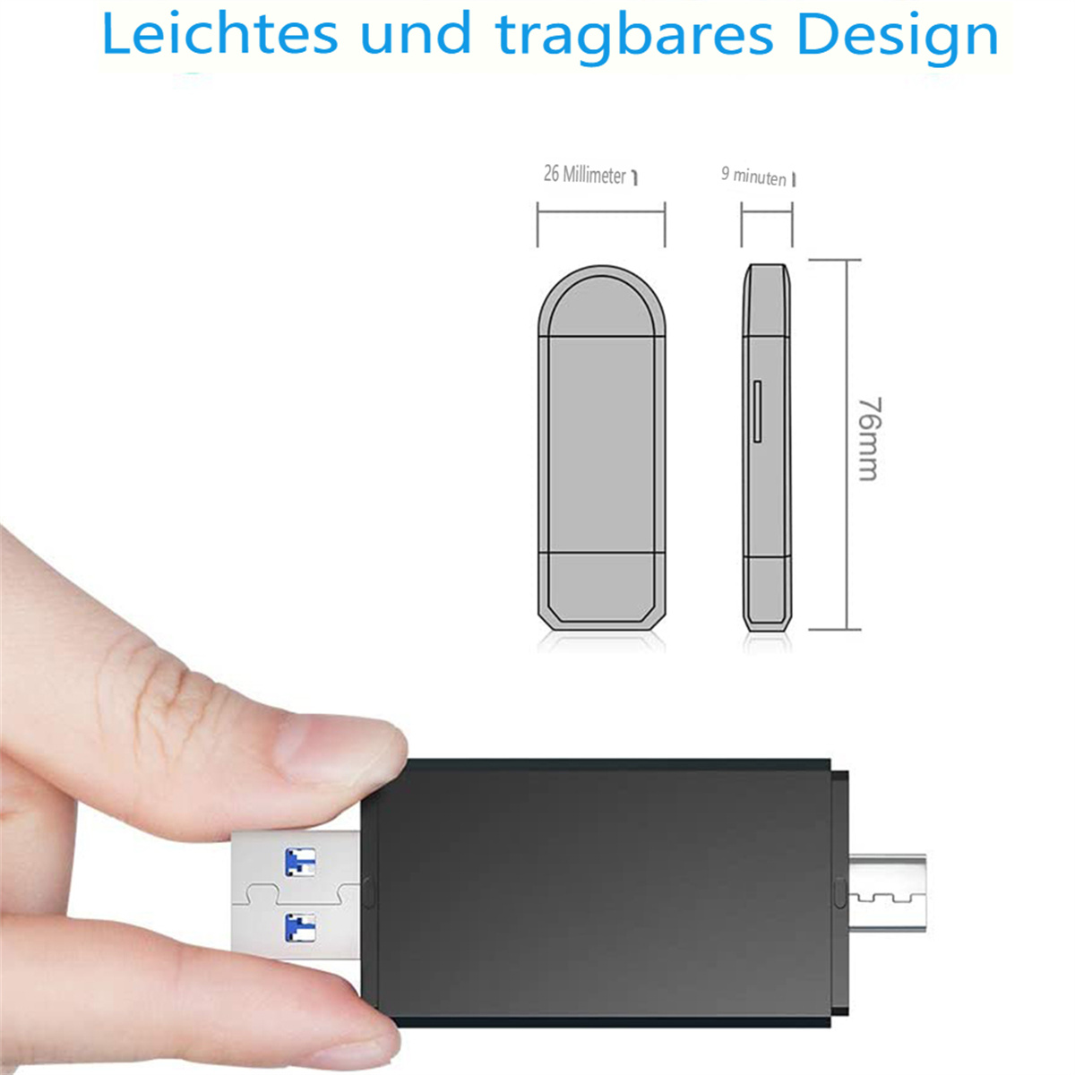 Eine Hand, die einen USB-Stick hält. Die Abmessungen des Laufwerks sind in Millimetern.