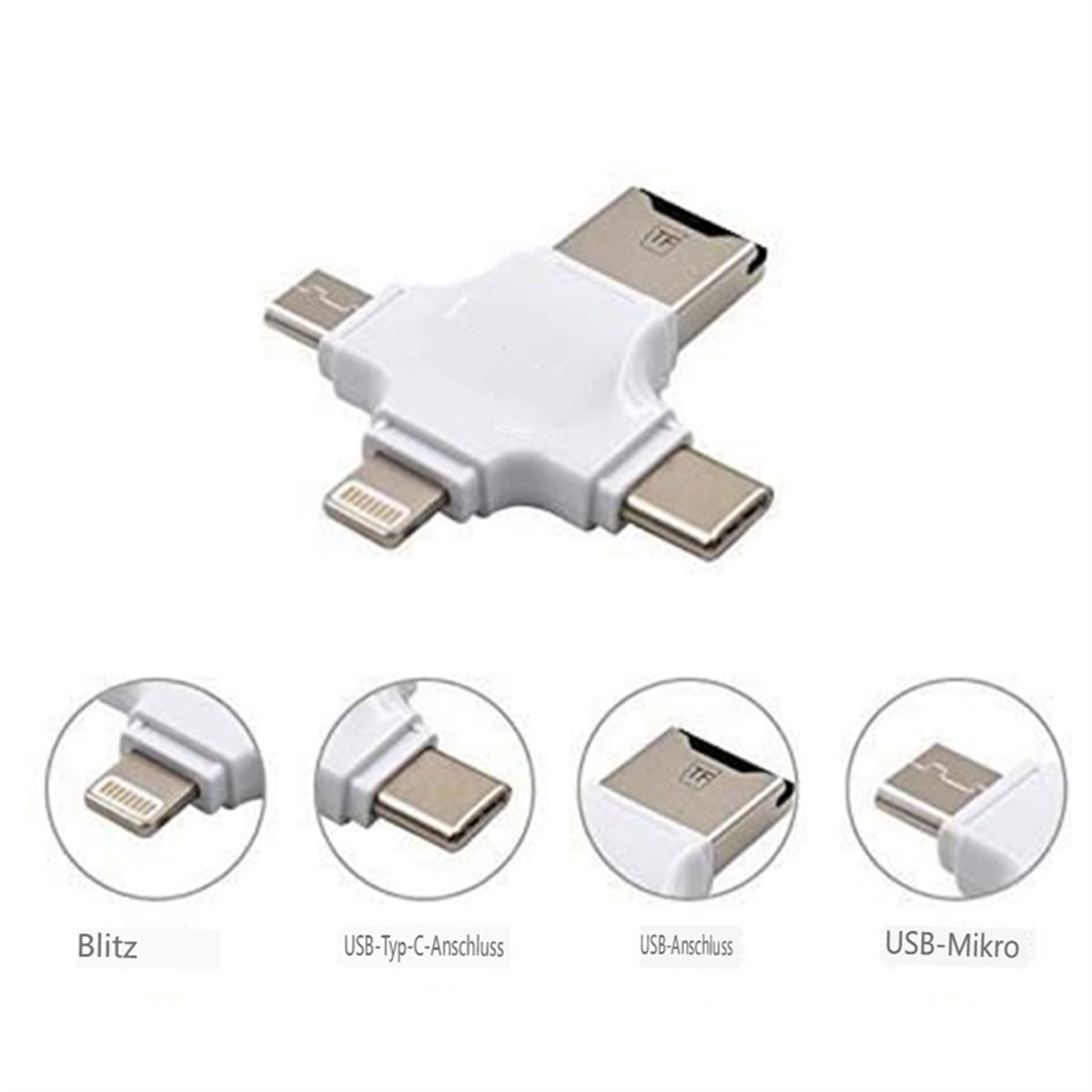 Weißer Multi-Anschluss mit vier verschiedenen Steckertypen. Nahaufnahmen zeigen Lightning, USB-C, USB und Micro-USB.