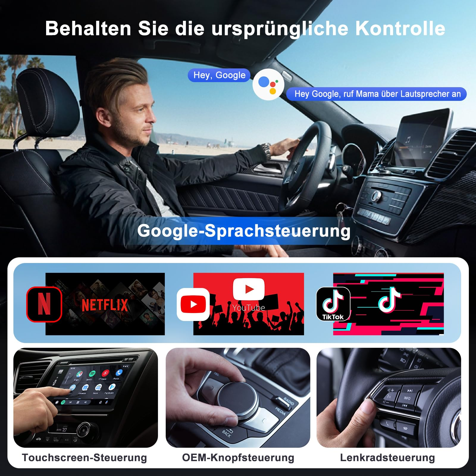 Mann im Auto, der Google-Sprachsteuerung verwendet, mit Netflix, YouTube und TikTok-Integration gezeigt.