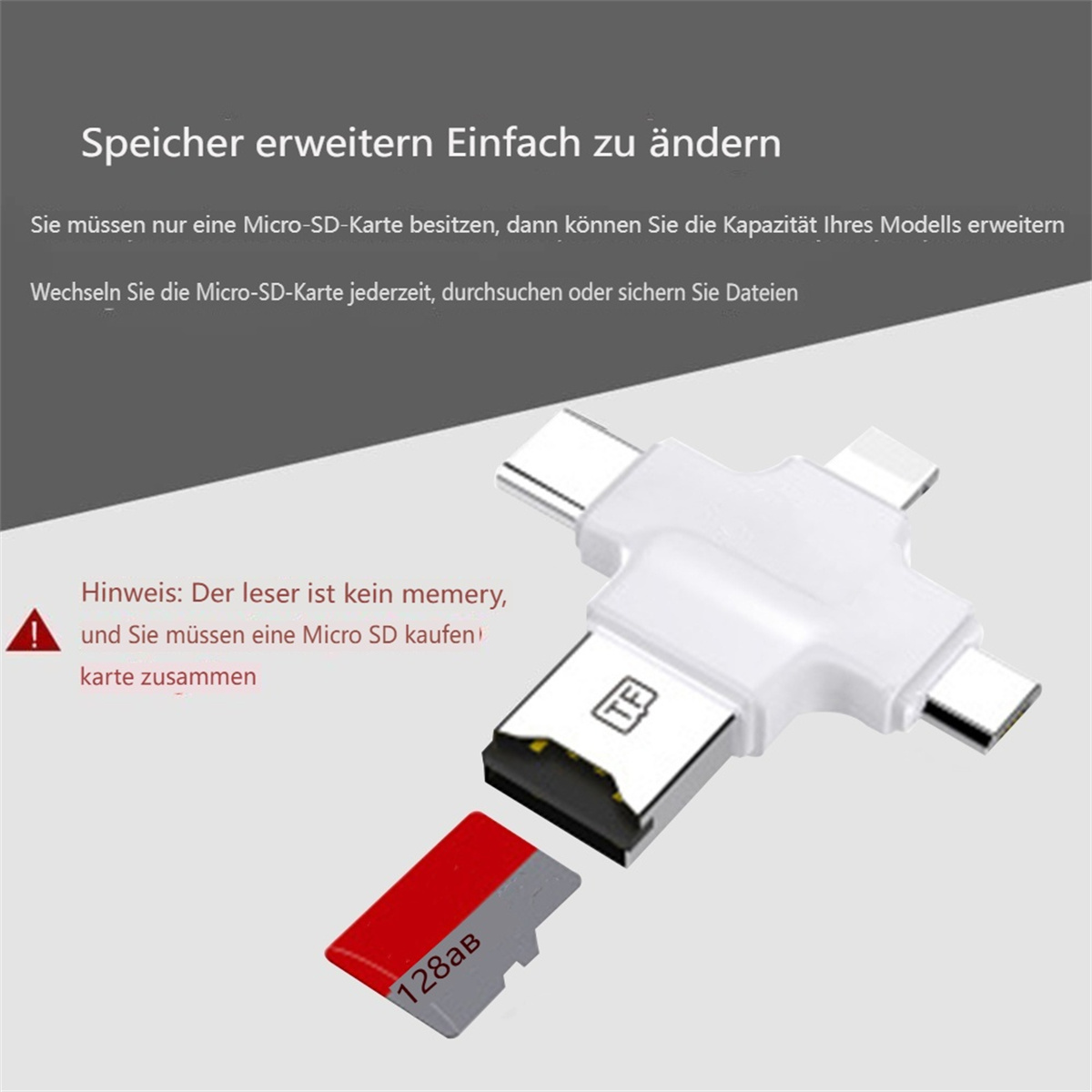 Ein weißer Adapter mit USB-C-Anschlüssen und einer Micro-SD-Karte. Eine rote Micro-SD-Karte ist eingesetzt.