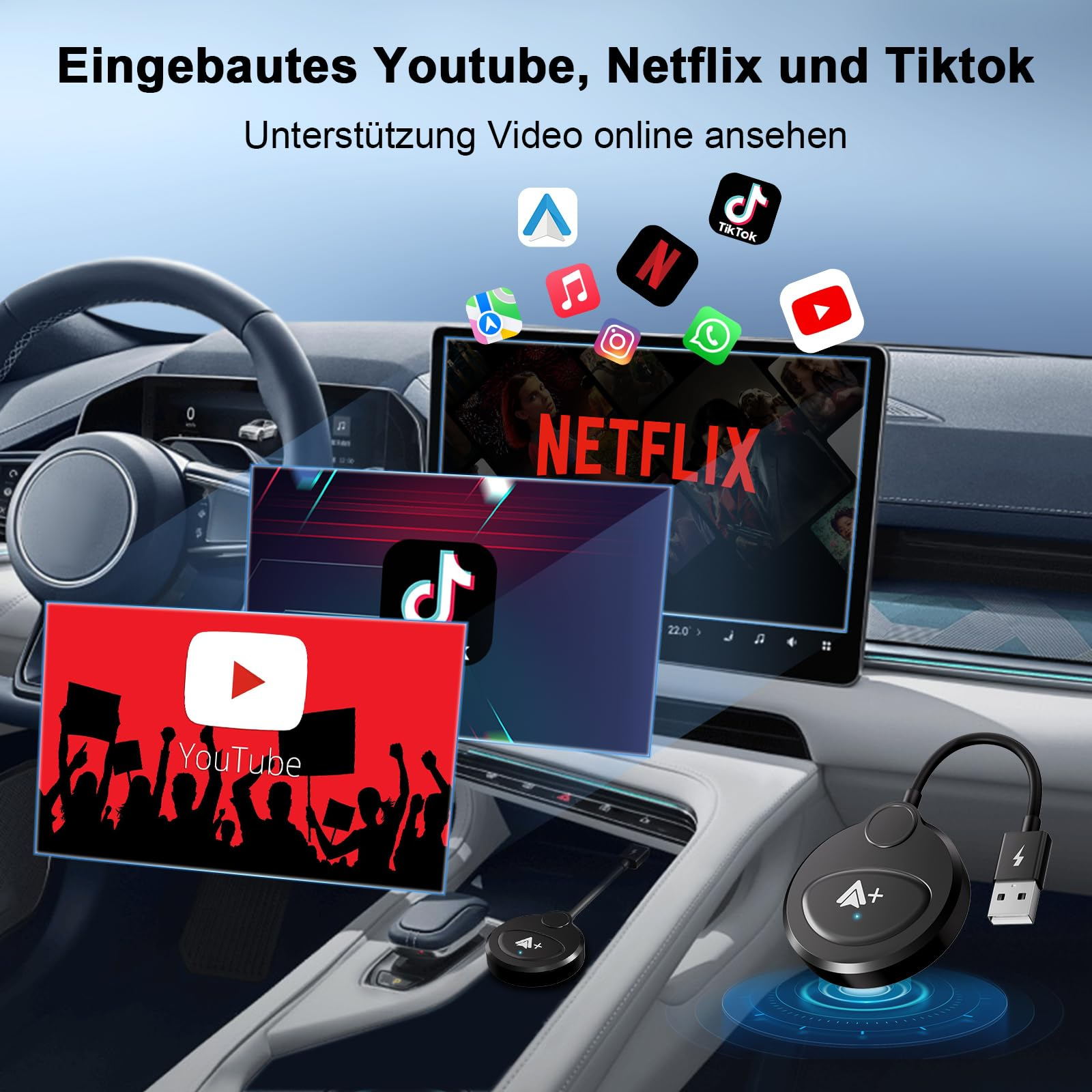 Armaturenbrett mit Bildschirmen, die YouTube, Netflix und andere App-Symbole zeigen.