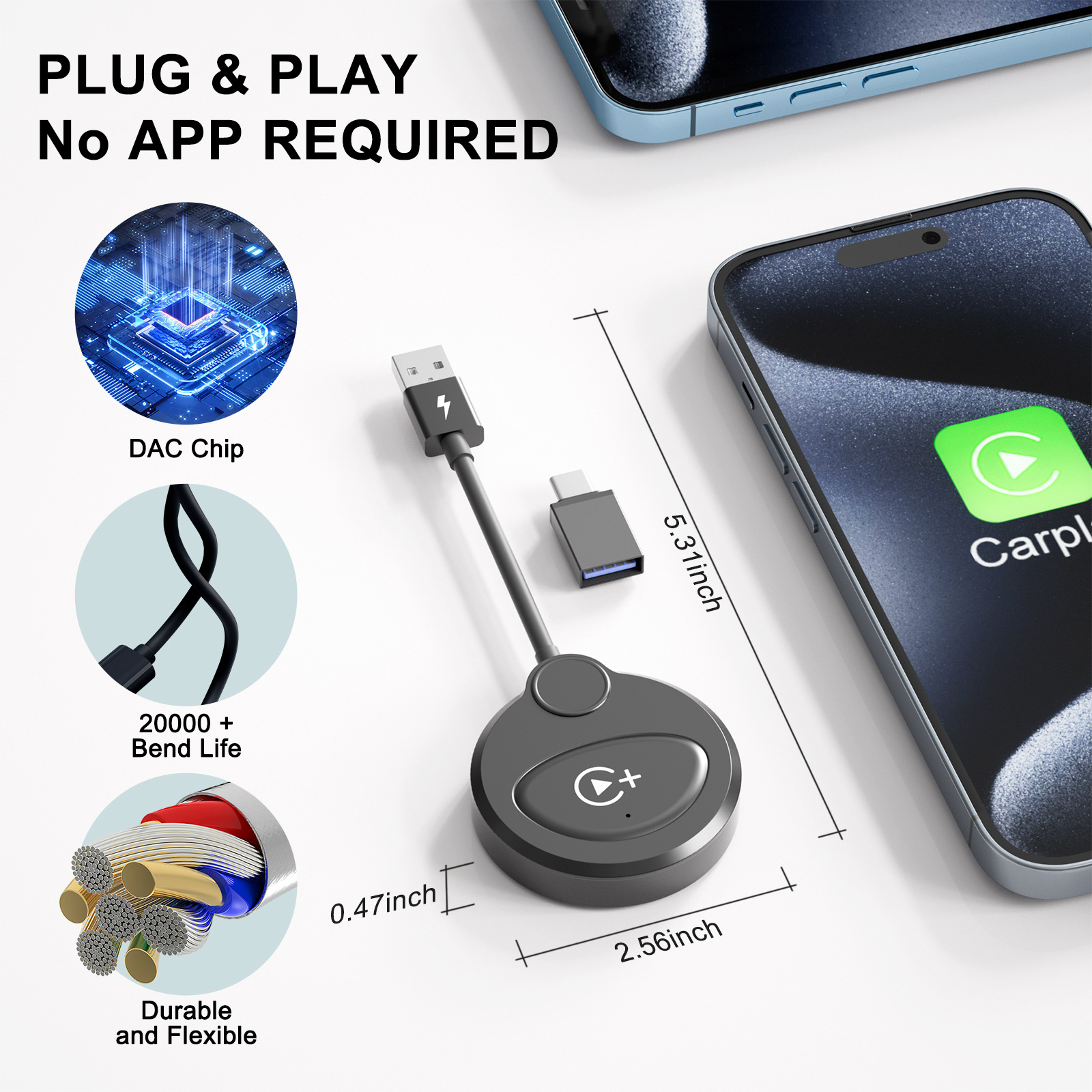 Produktbild mit schwarzem Adapter, Telefon und Details zu seinen Funktionen und Abmessungen.