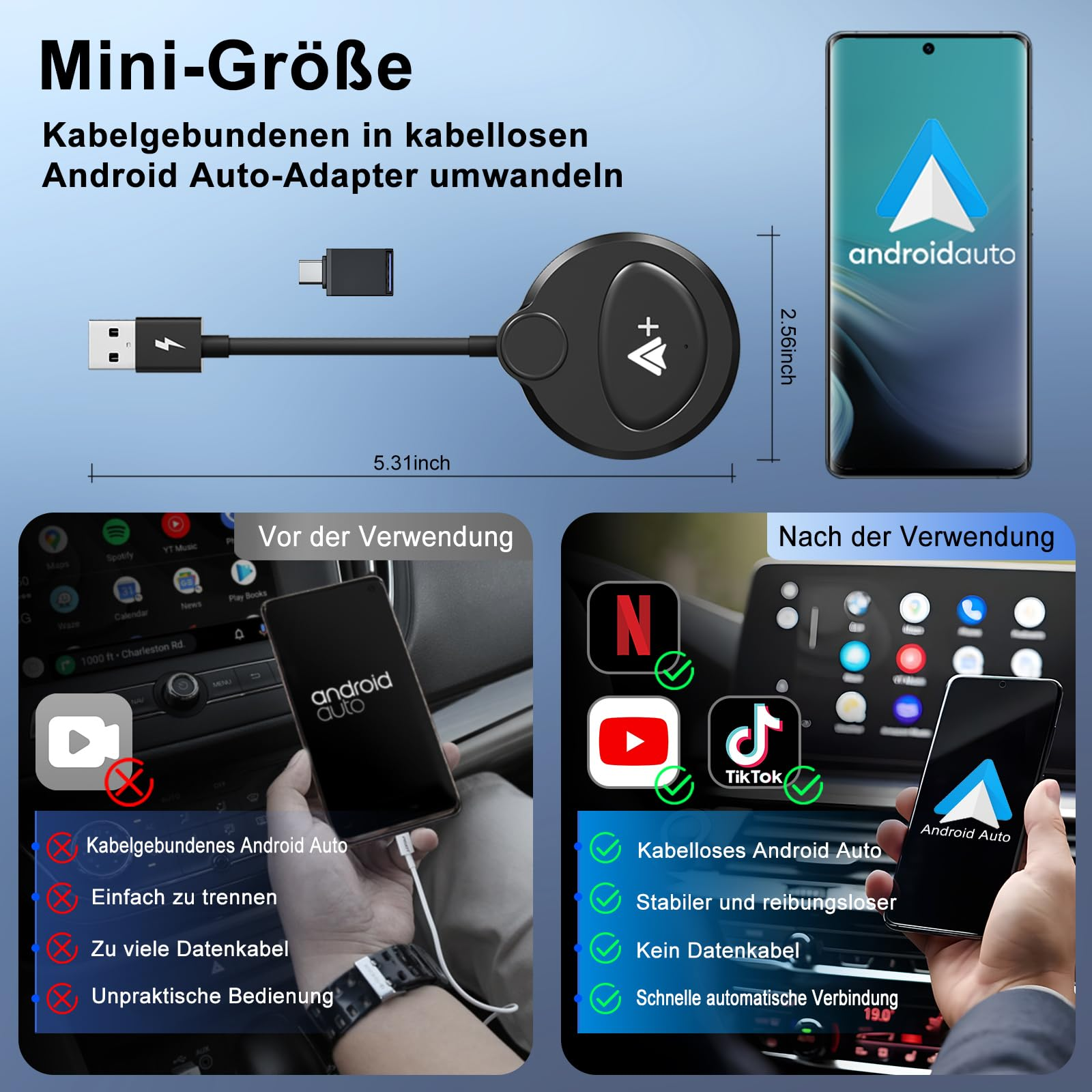 Ein Adapter wandelt kabelgebundenes Android Auto in kabelloses um. Telefone und ein Gerät sind abgebildet.