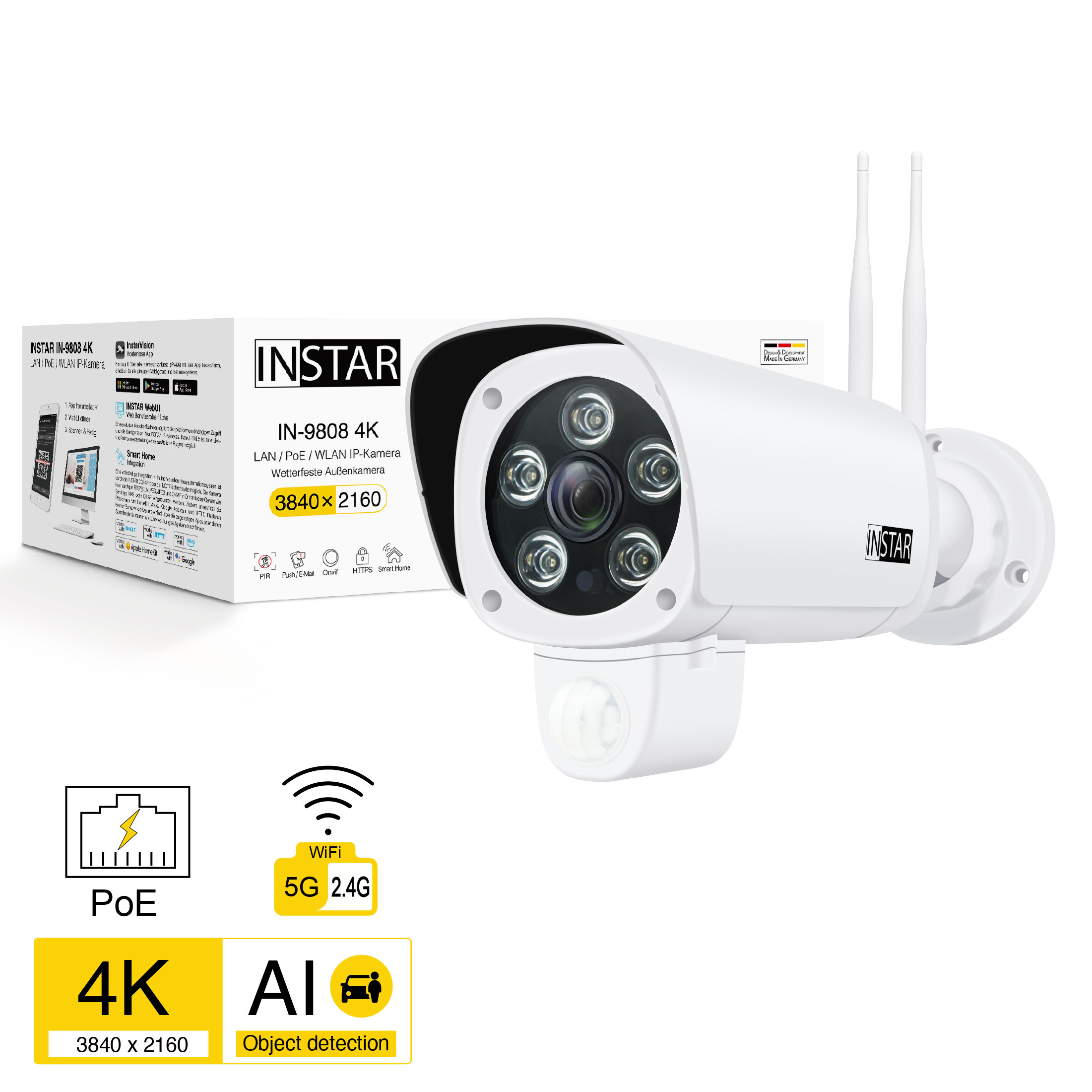 Weiße Überwachungskamera mit zwei Antennen und einer Box. Die Box zeigt Funktionen, einschließlich 4K und WiFi.