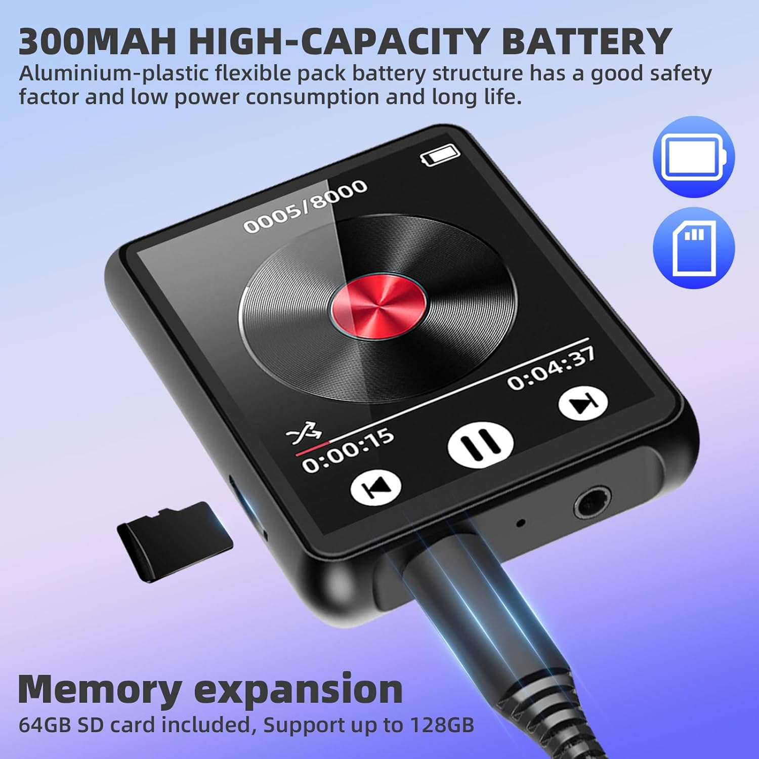 Schwarzer MP3-Player mit Bildschirm, roter Mitte und Ladekabel. SD-Karte eingesetzt.