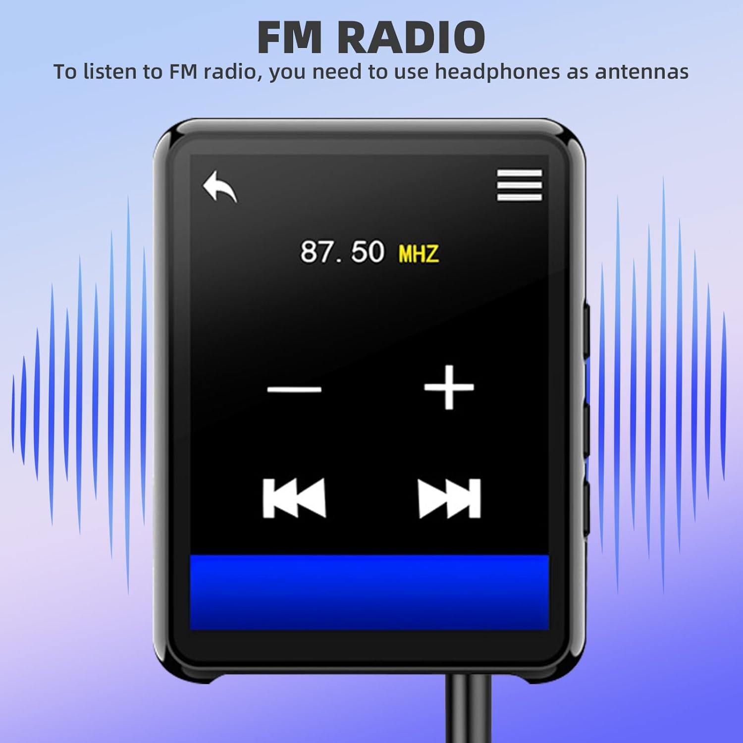 Schwarzes FM-Radio mit Knöpfen und einem Bildschirm mit 87,50 MHz. Blaue Schallwellen.