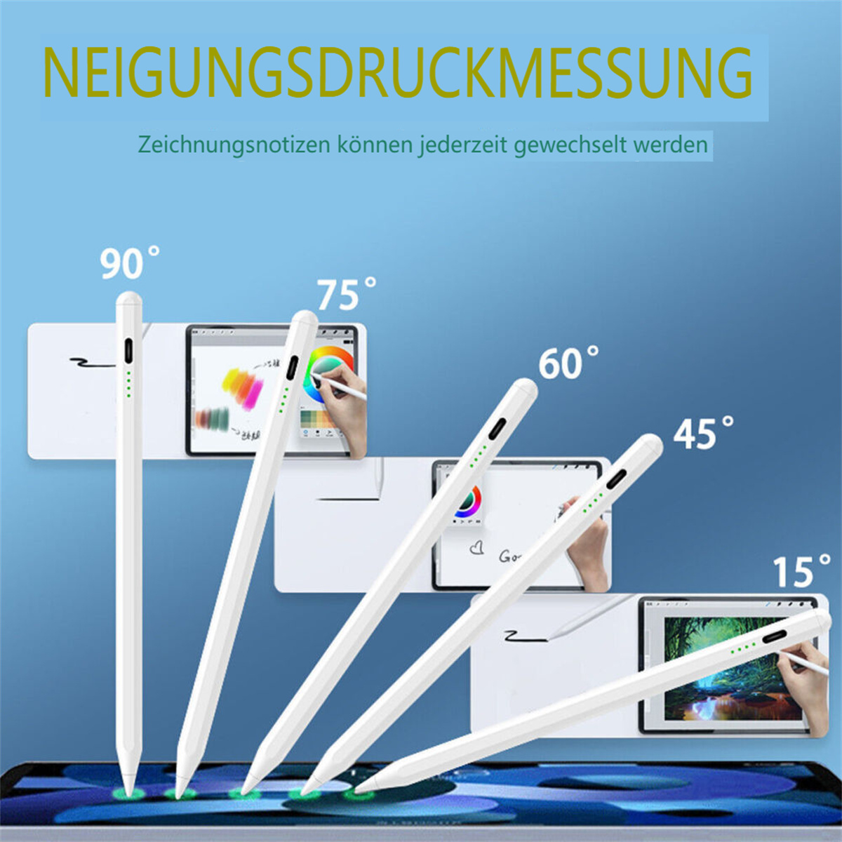 Bildschirme und Stifte in verschiedenen Winkeln, die die Neigungsempfindlichkeit in einem Diagramm zeigen.