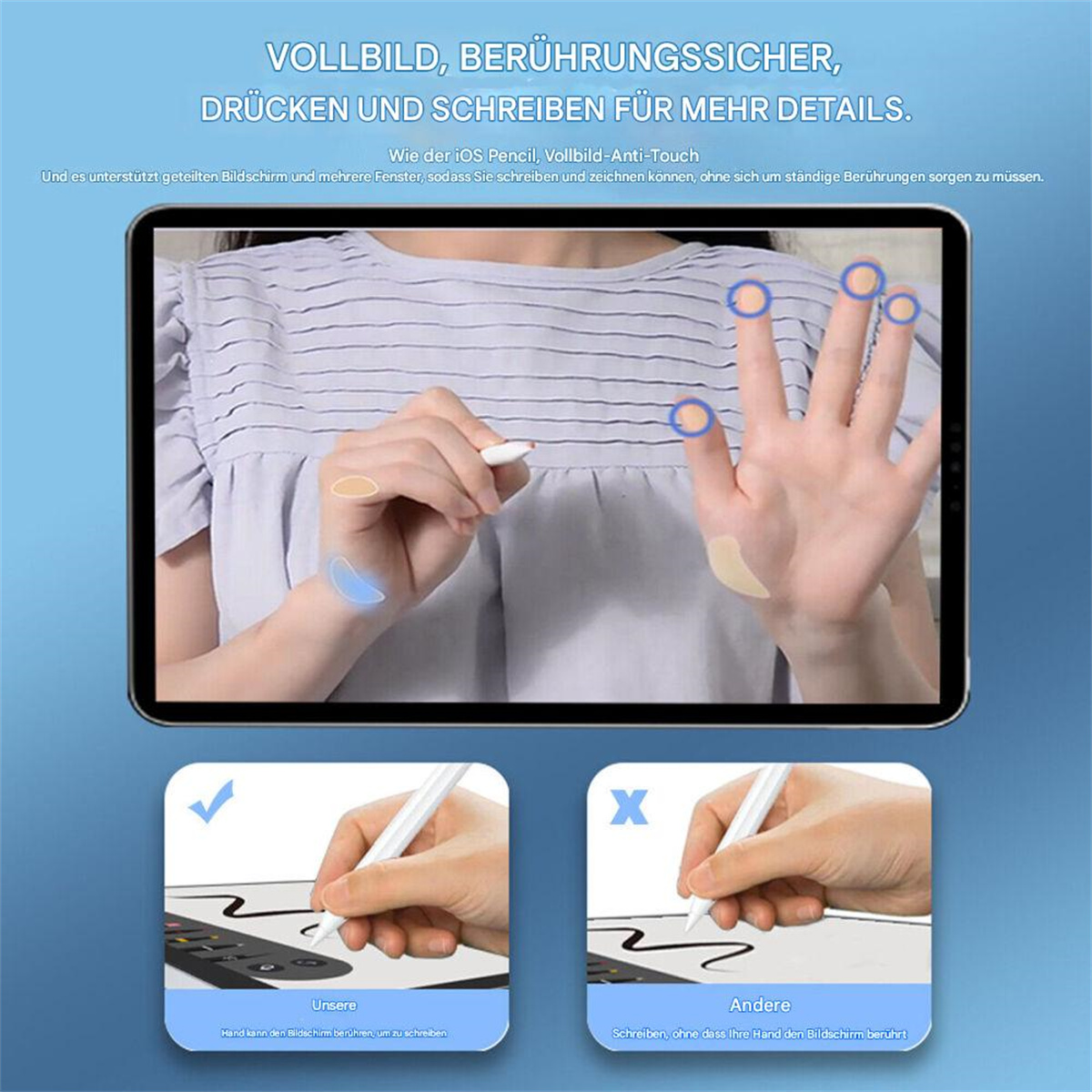 Eine Hand benutzt einen Stift auf einem Tablet, mit vergleichenden Beispielbildern.