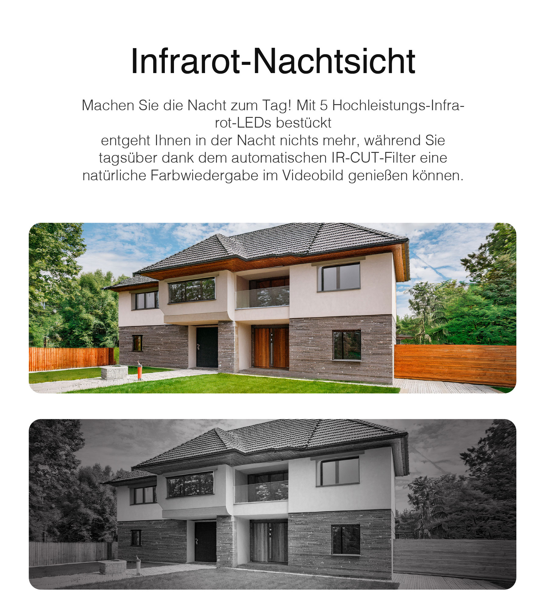 Zwei Bilder eines Hauses, eines in Farbe und das andere in Schwarzweiß, mit Text darüber.