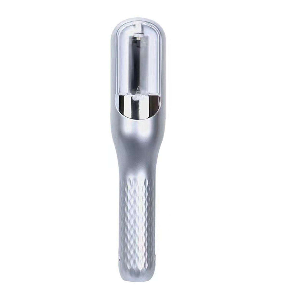 Eine silberne, tragbare UV-Lampe mit strukturiertem Griff und transparentem Kopf.
