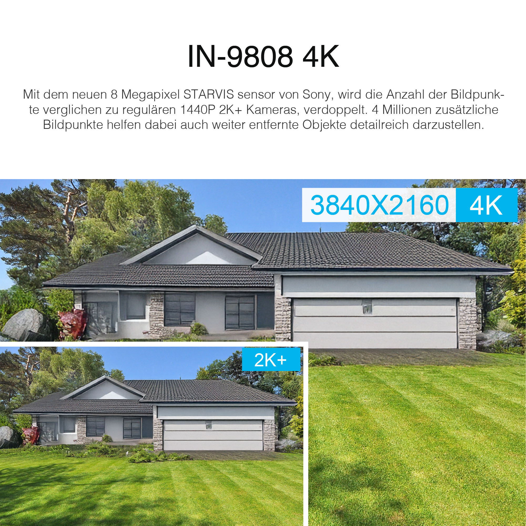 Ein Haus mit grünem Rasen, mit einem Vergleich von 2K+ und 4K Auflösung.