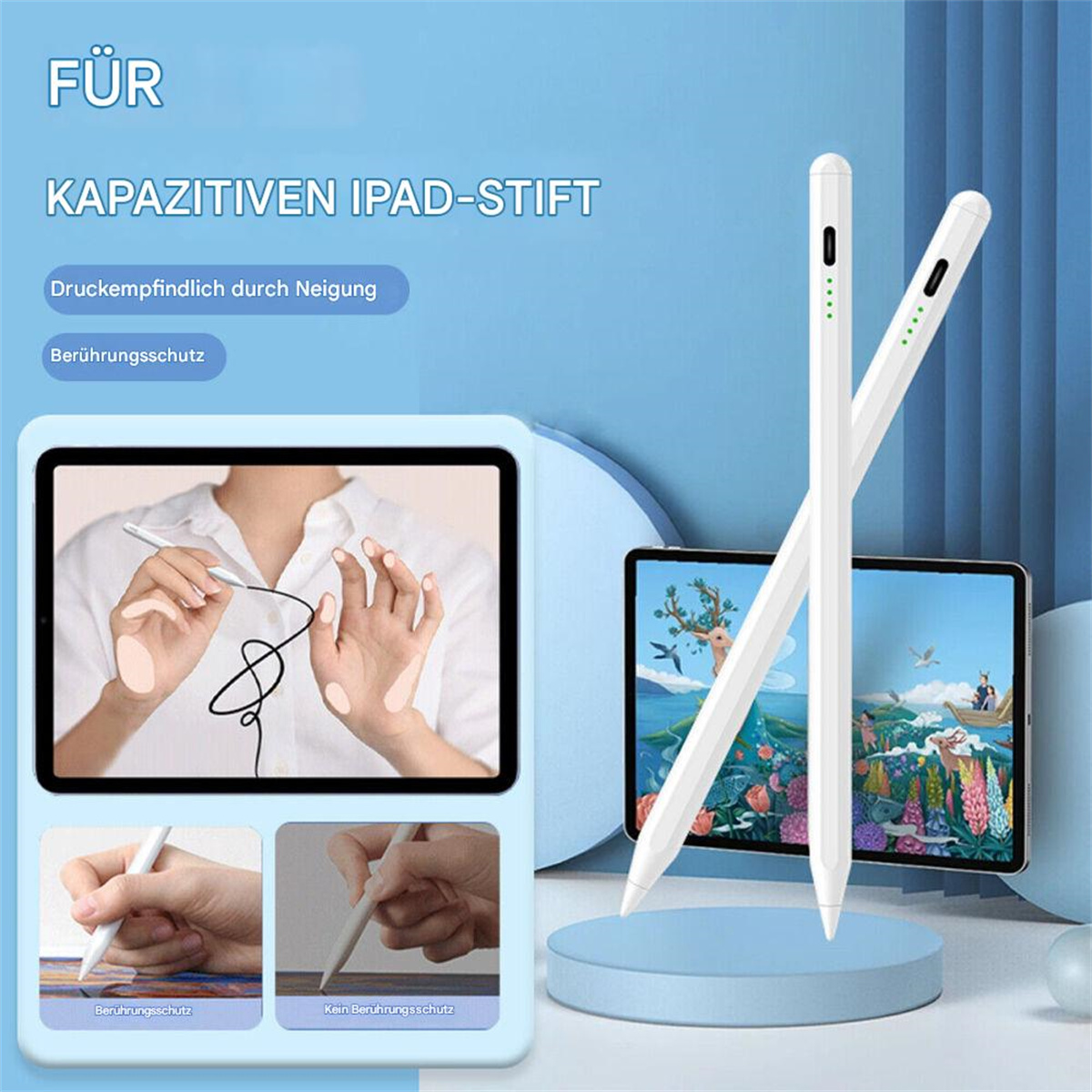 Weiße iPad-Stifte mit Berührungsschutz und Illustrationen zur Verwendung auf einem Tablet.