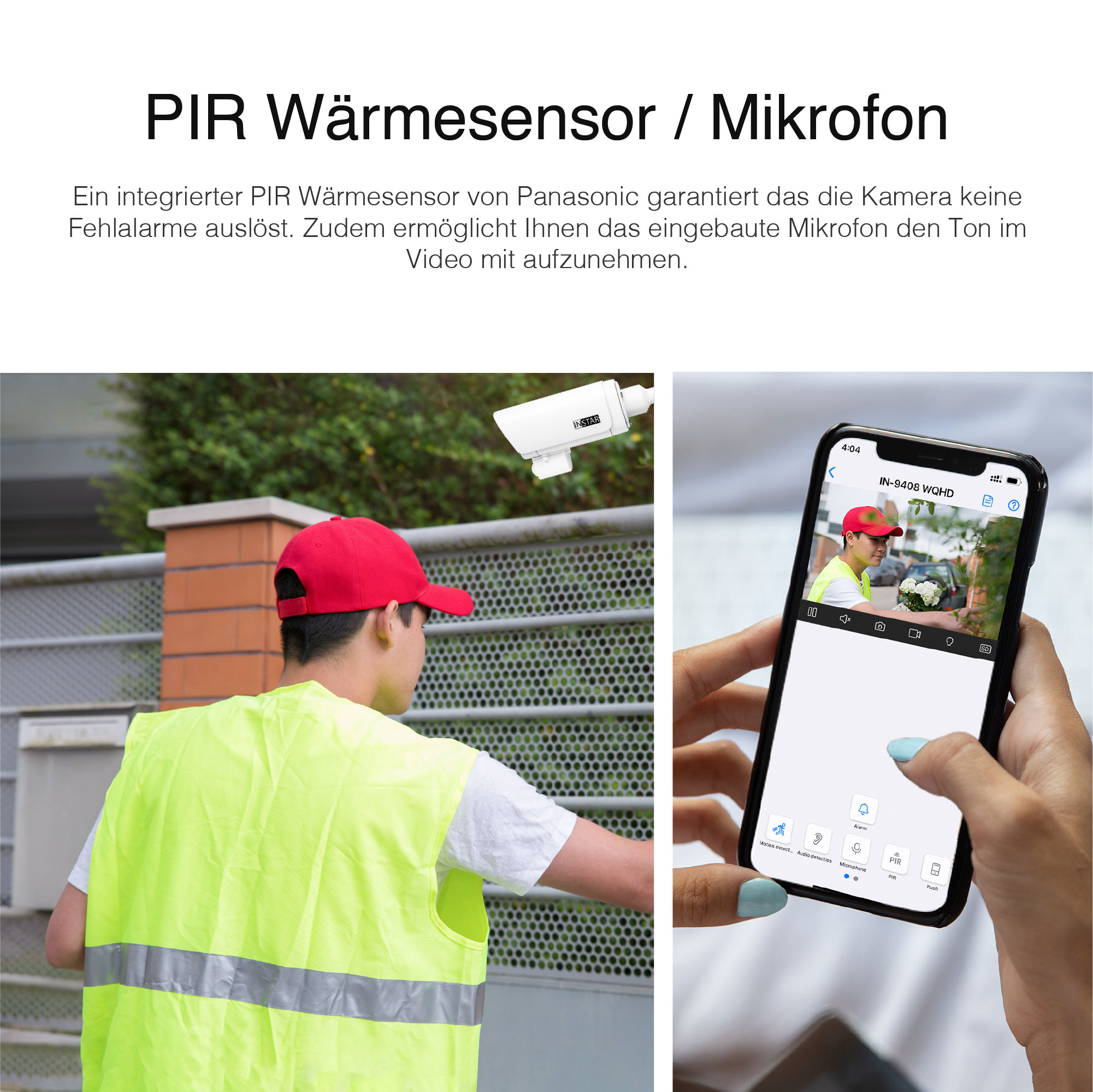 Werbung, die einen Mann mit einem Kamerasystem und ein Telefon mit einem Live-Video-Feed zeigt.