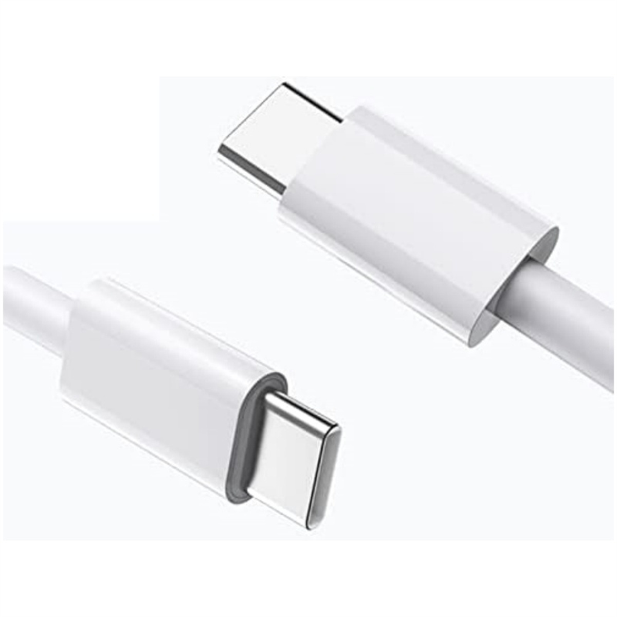 Weißes USB-C-Kabel mit zwei Anschlüssen, zeigt die Enden und das Kabel selbst.