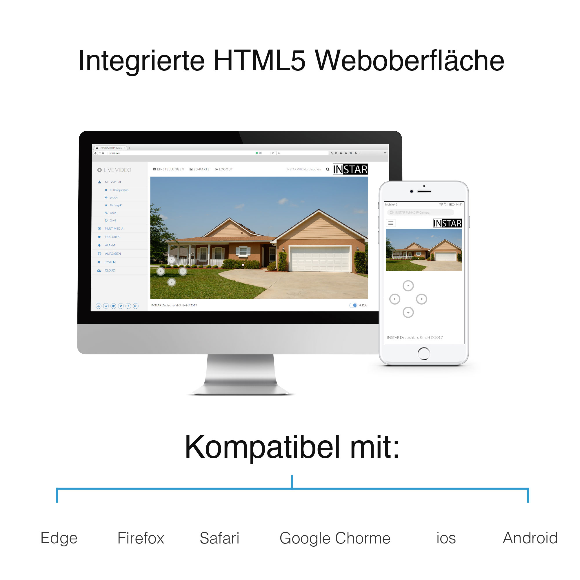 Ein Computerbildschirm und ein Smartphone, die das Äußere eines Hauses anzeigen, mit kompatiblen Logos unten.